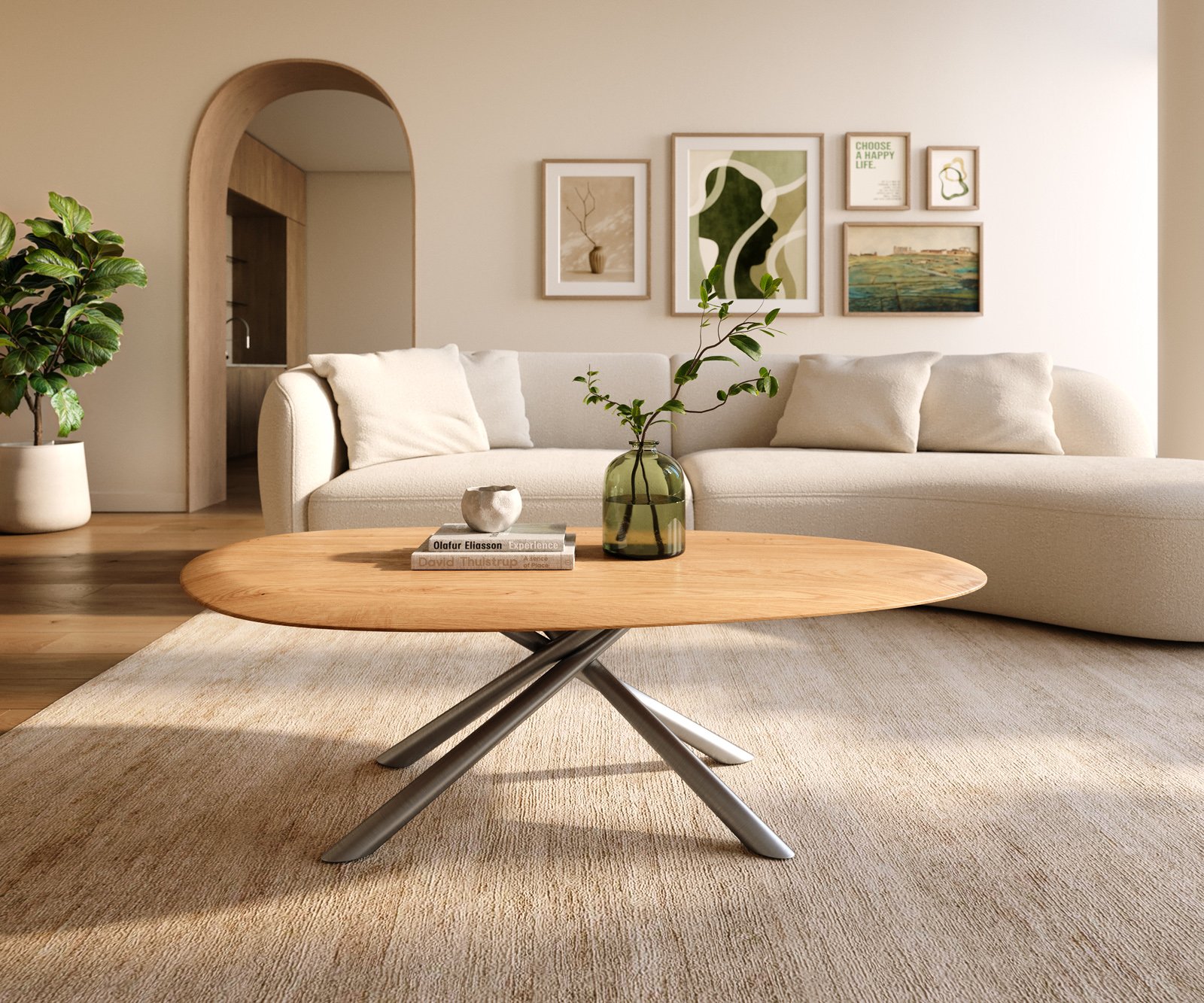 Konferenční stolek Edge oválný 140x75 cm dub přírodní kulatá hrana Sarity nerezová ocel broušená - Obrázek 2