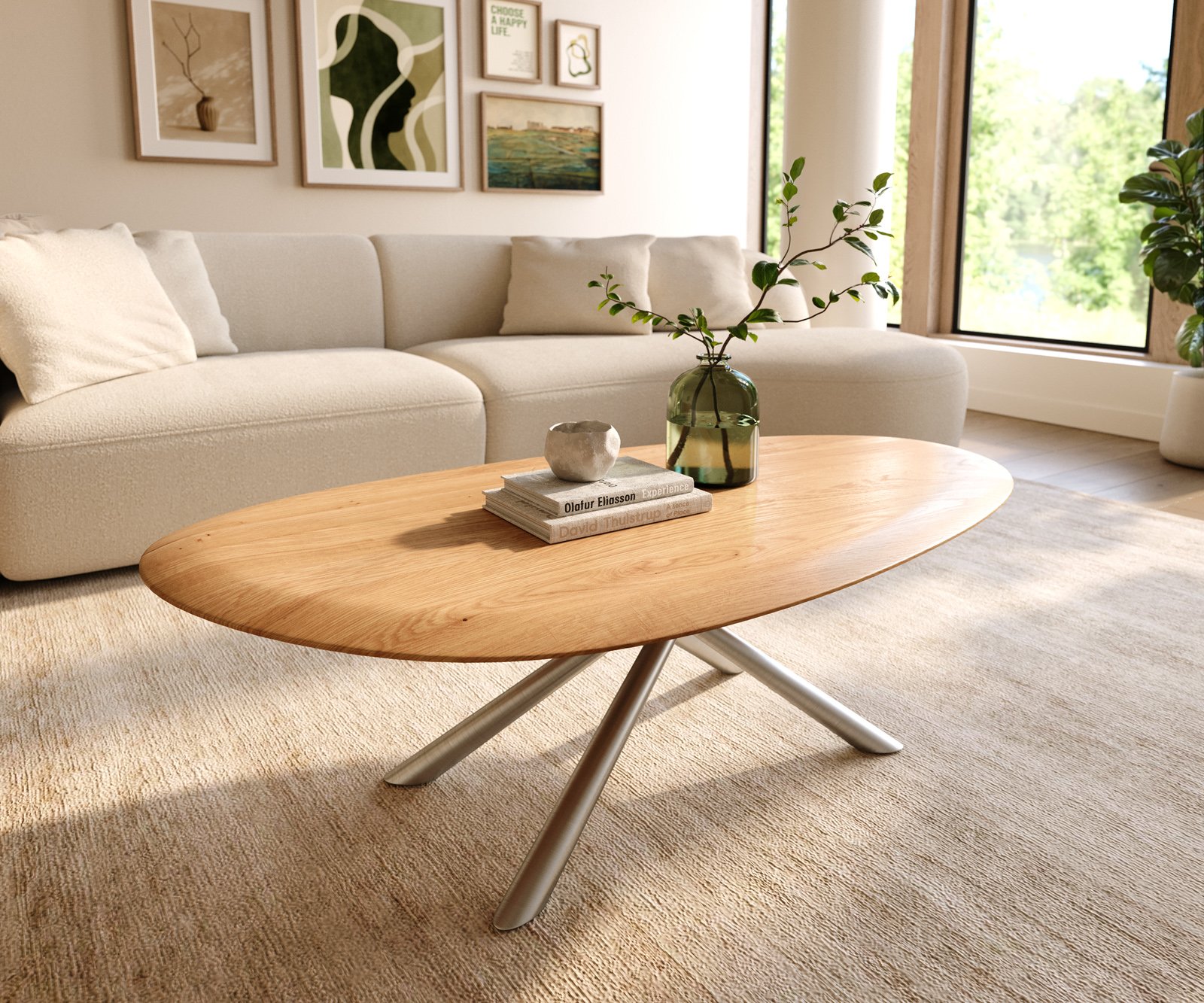 Konferenční stolek Edge oválný 140x75 cm dub přírodní kulatá hrana Sarity nerezová ocel broušená