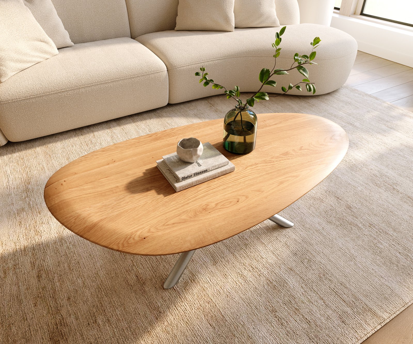 Konferenční stolek Edge oválný 140x75 cm dub přírodní kulatá hrana Sarity nerezová ocel broušená - Obrázek 4