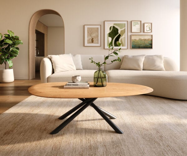Konferenční stolek Edge oválný 140x75 cm dub přírodní kulatá hrana Sarity kov černá - Obrázek 2
