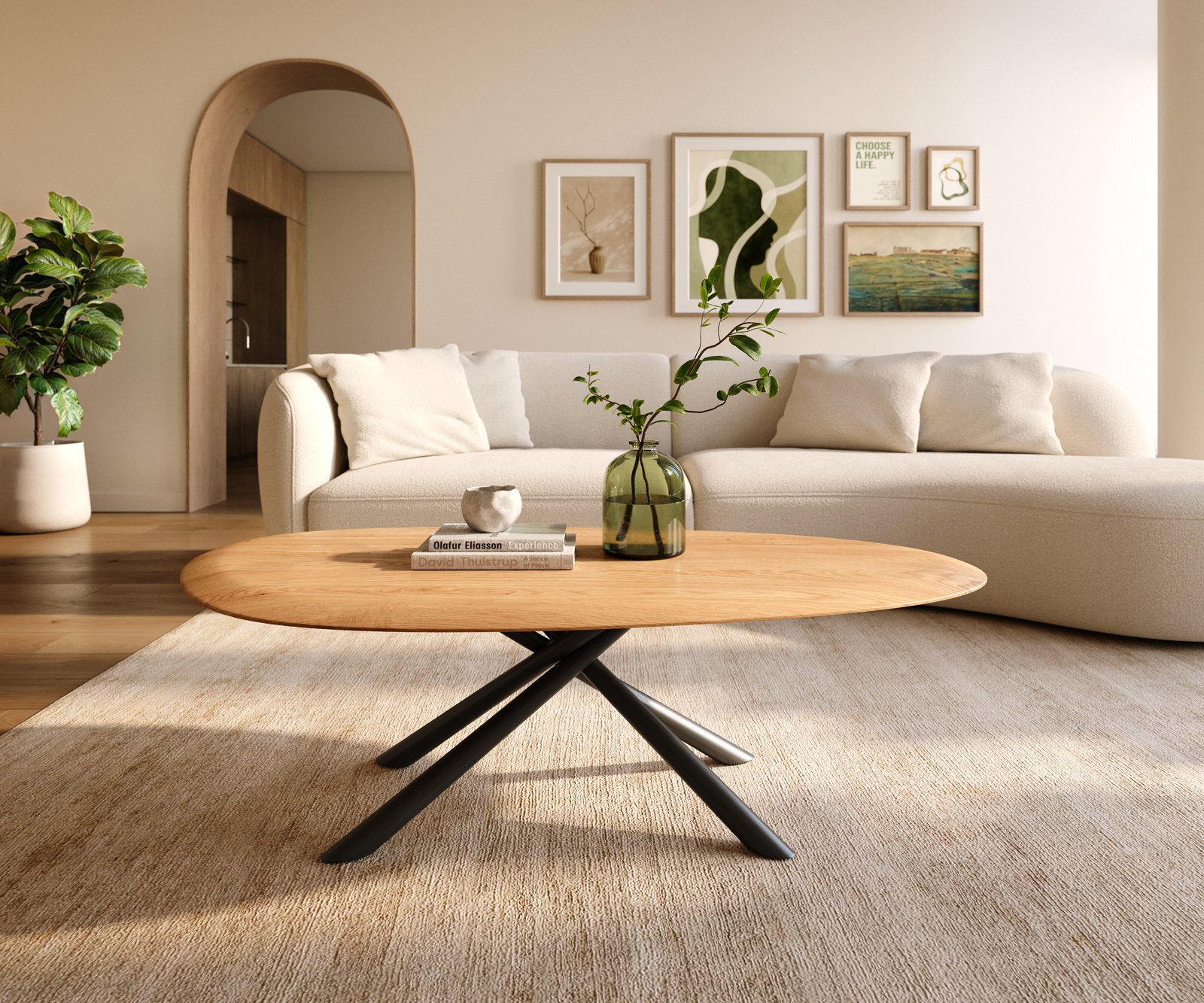 Konferenční stolek Edge oválný 140x75 cm dub přírodní kulatá hrana Sarity kov černá - Obrázek 2