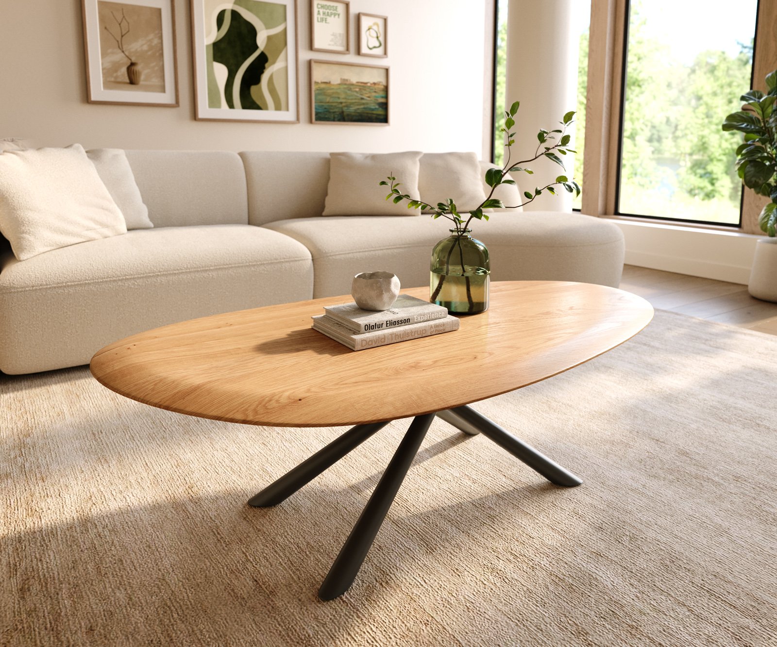 Konferenční stolek Edge oválný 140x75 cm dub přírodní kulatá hrana Sarity kov černá
