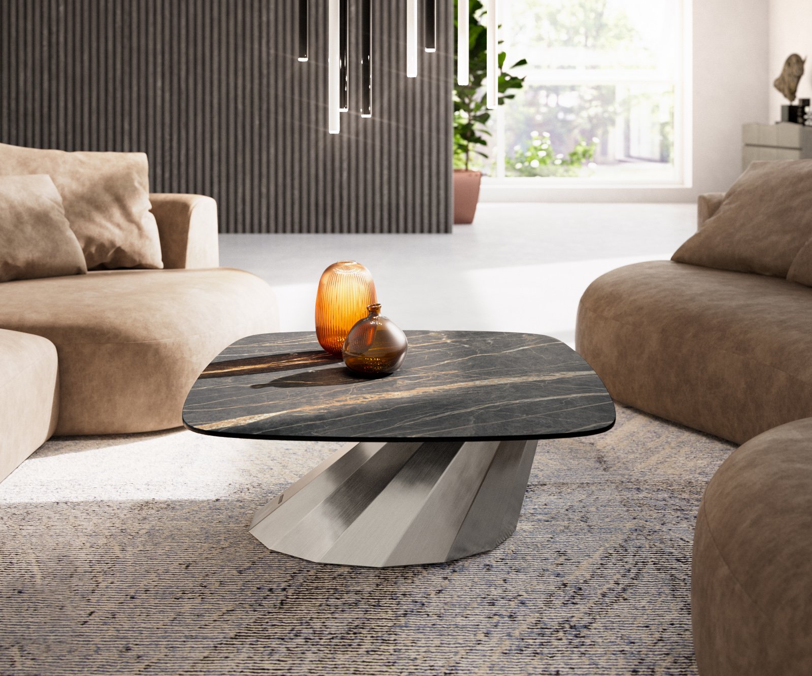 Konferenční stolek Edge Boot 90x90 cm keramika Laminam® Noir Desir hnědá Parabi nerezová ocel broušená - Obrázek 2