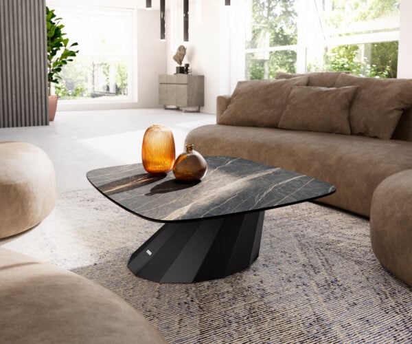 Konferenční stolek Edge Boot 90x90 cm keramika Laminam® Noir Desir hnědá Parabi kov černá