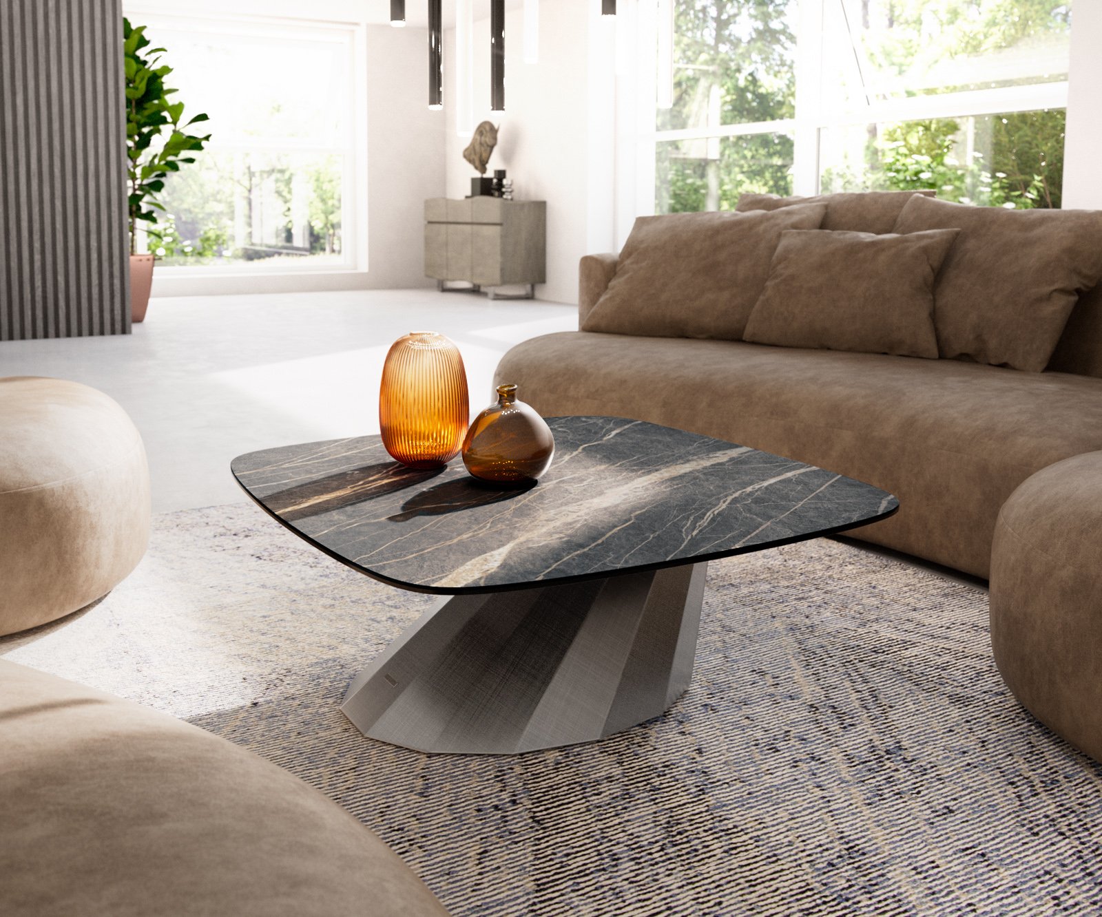 Konferenční stolek Edge Boot 90x90 cm keramika Laminam® Noir Desir hnědá Parabi Metallic stříbrná