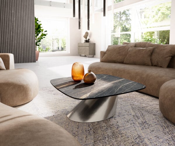 Konferenční stolek Edge Boot 90x90 cm keramika Laminam® Noir Desir hnědá Conis nerezová ocel broušená