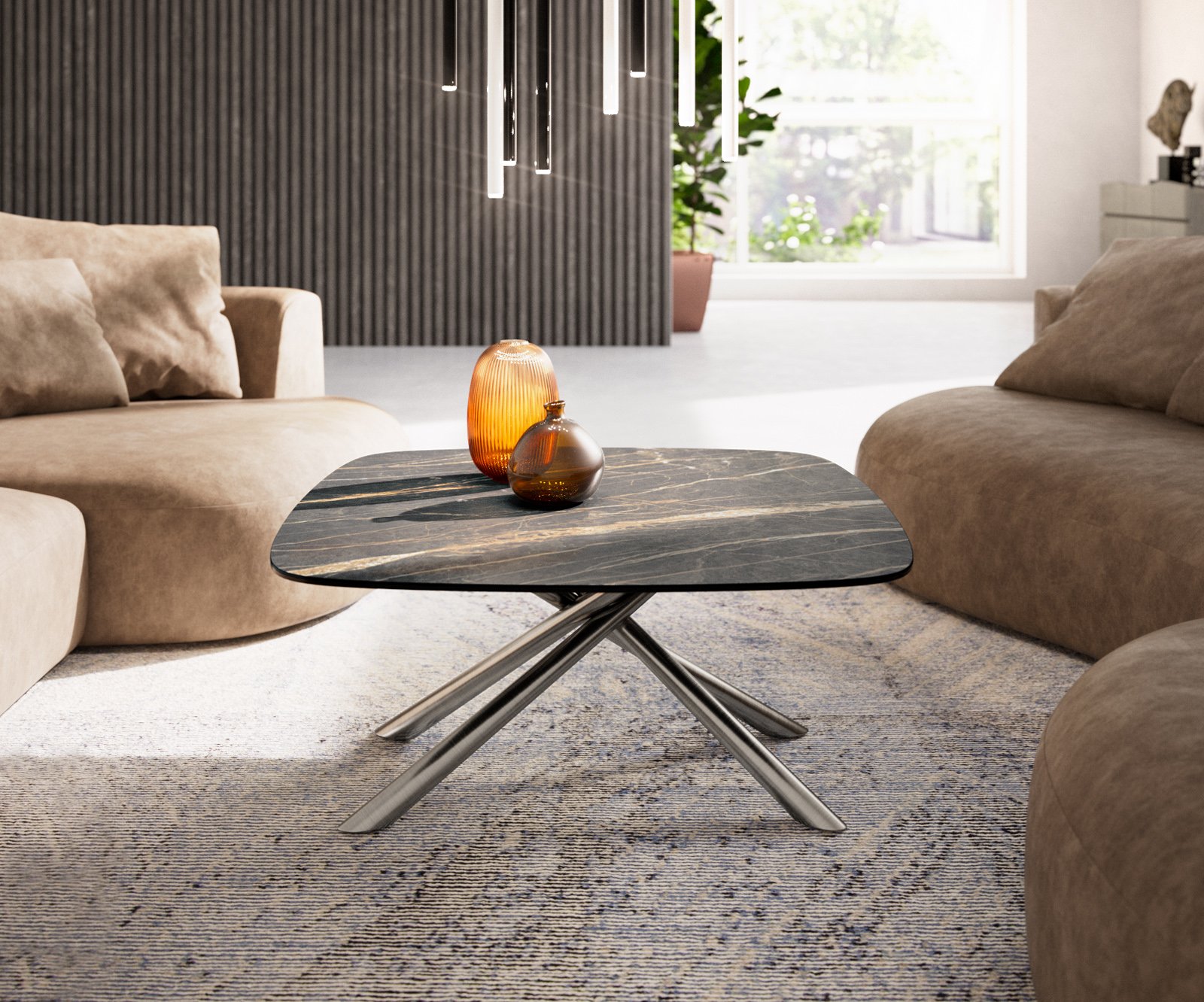 Konferenční stolek Edge Boot 90x90 cm keramika Laminam® Noir Desir hnědá Sarity nerezová ocel broušená - Obrázek 2