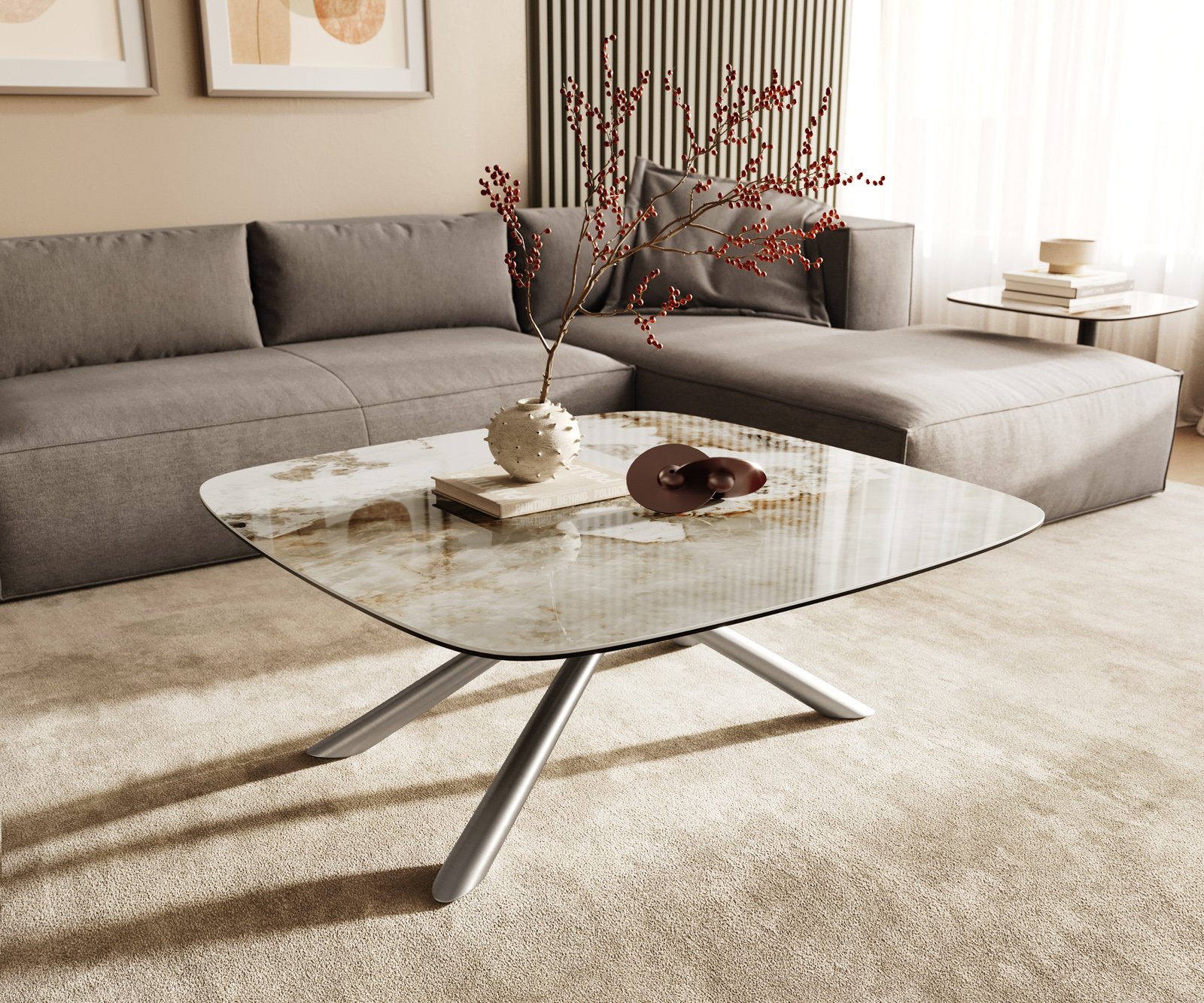 Konferenční stolek Edge oválný tvar 90x90 cm keramika Minas Melange Sarity nerezová ocel broušená