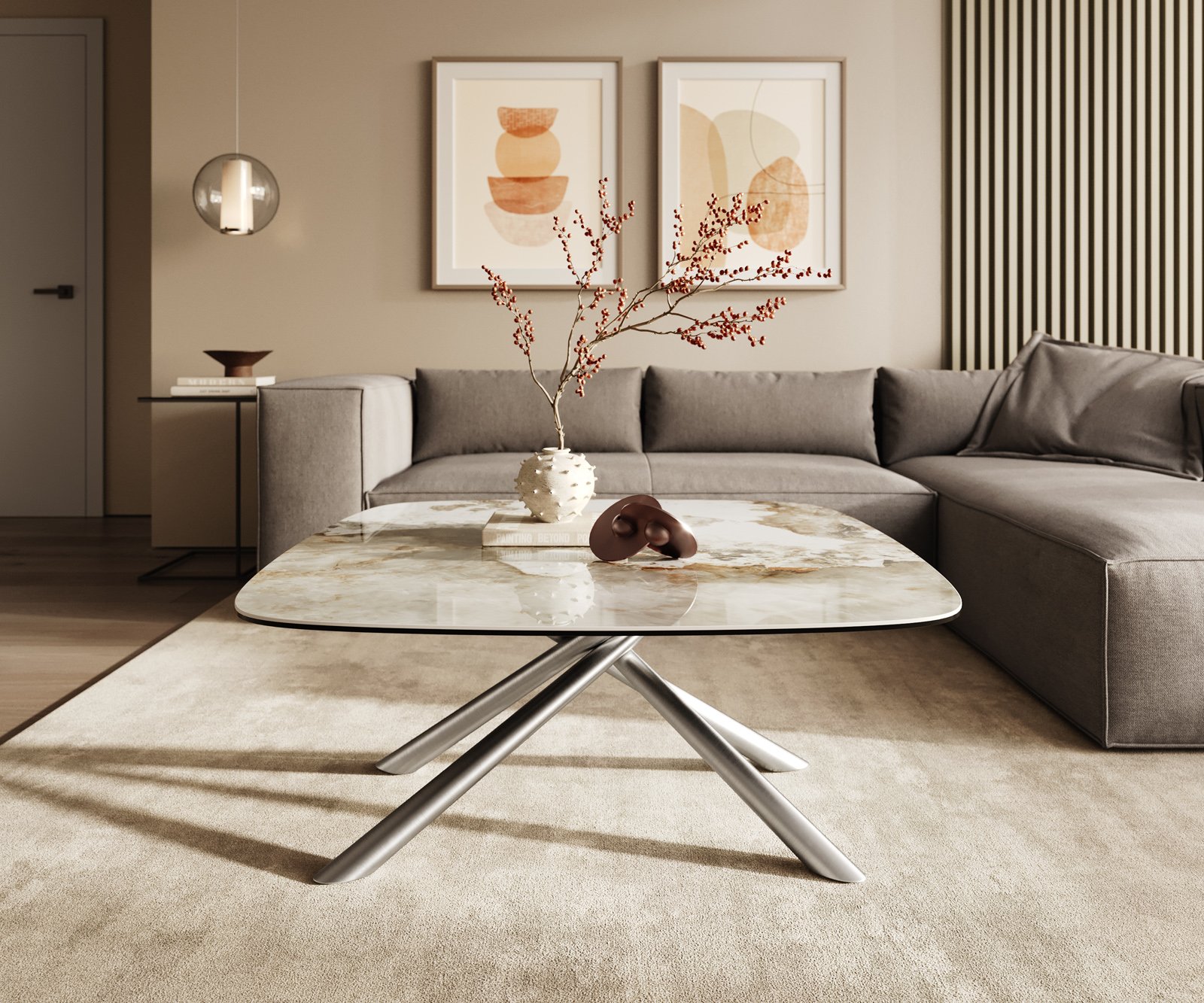 Konferenční stolek Edge oválný tvar 90x90 cm keramika Minas Melange Sarity nerezová ocel broušená - Obrázek 2