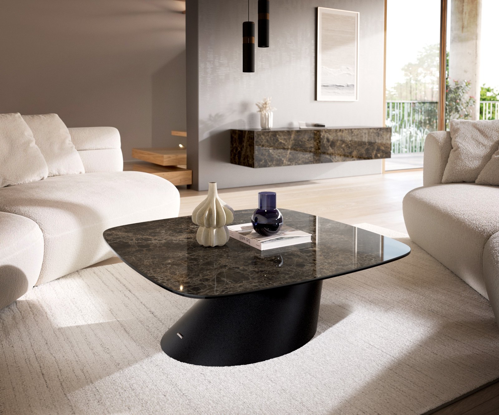 Konferenční stolek Edge Boot 90x90 cm keramika Laminam® Emperador Extra Lucidato tmavě hnědá Conis kov černá
