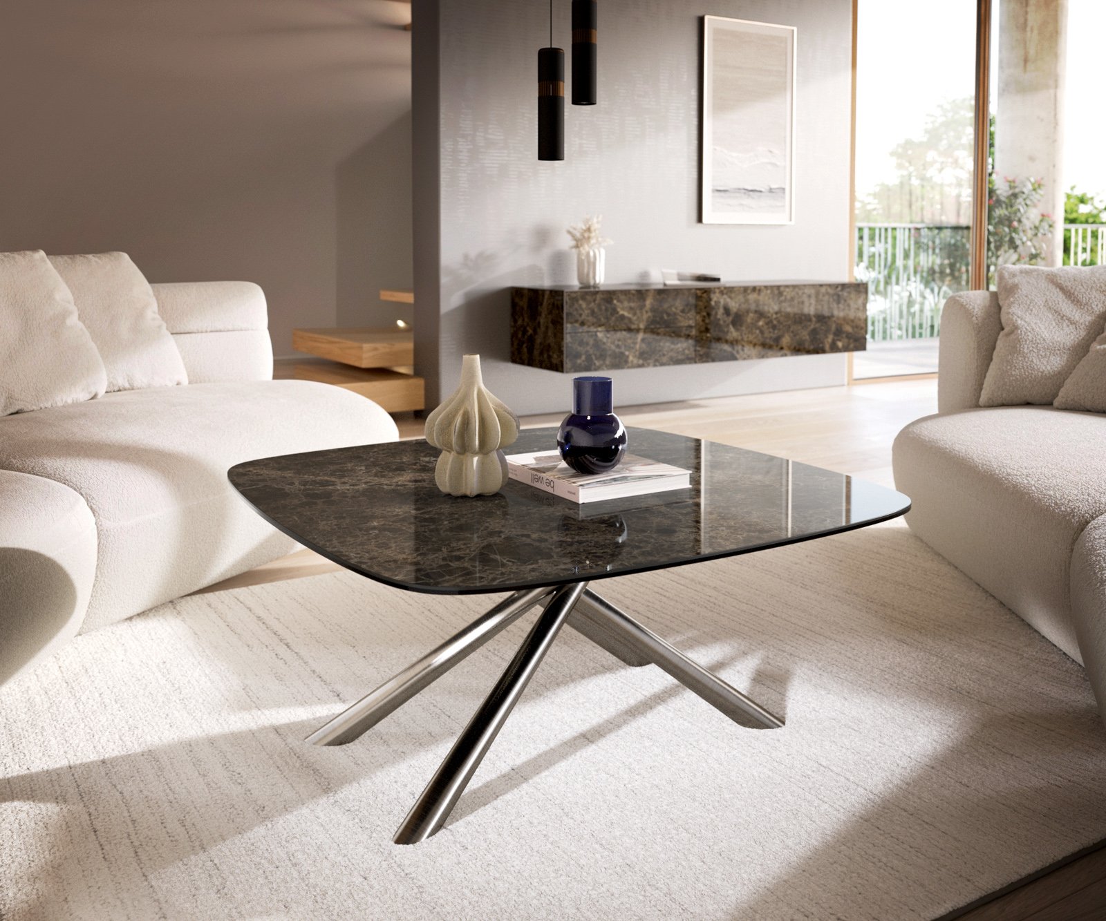 Konferenční stolek Edge Boot 90x90 cm keramika Laminam® Emperador Extra Lucidato tmavě hnědá Sarity nerezová ocel broušená