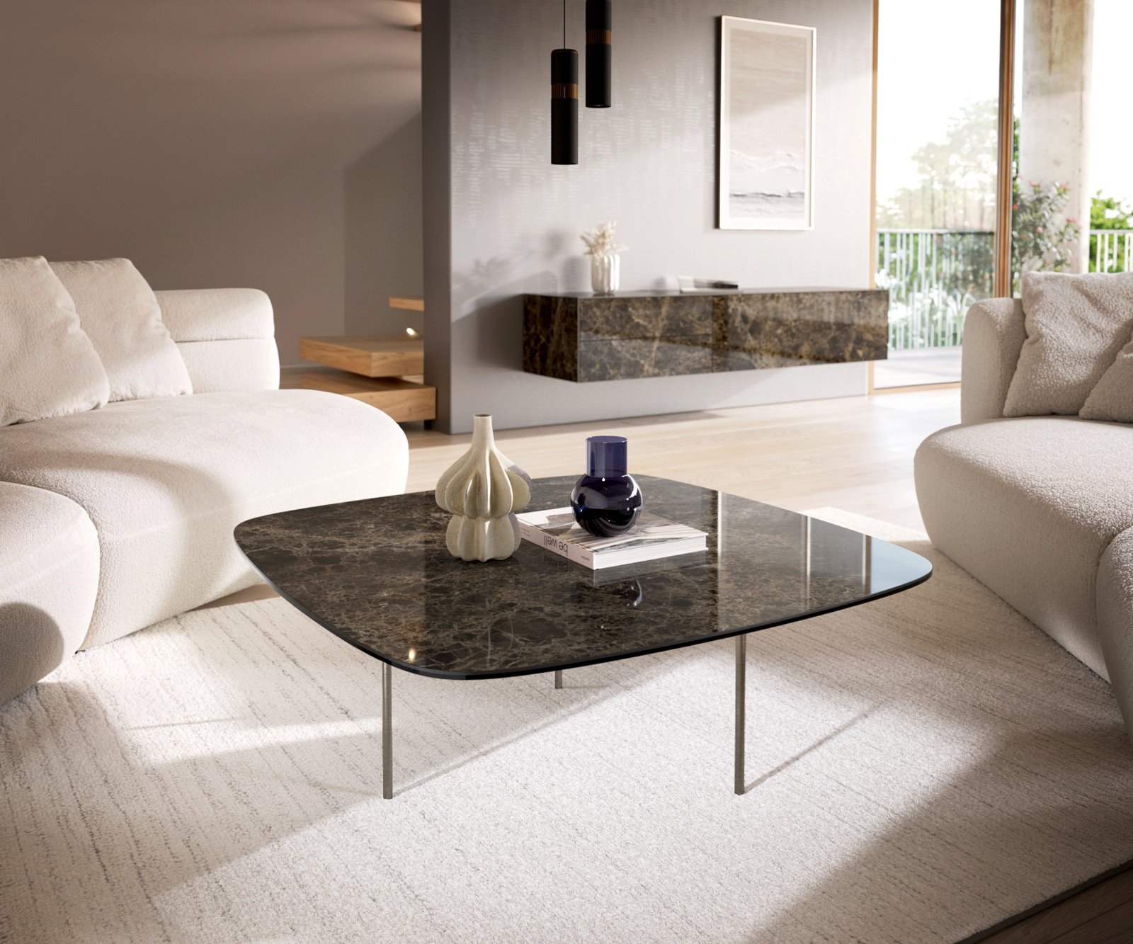Konferenční stolek Edge oválný tvar 90x90 cm keramika Laminam® Emperador Extra Lucidato tmavě hnědá Trive nerezová ocel broušená