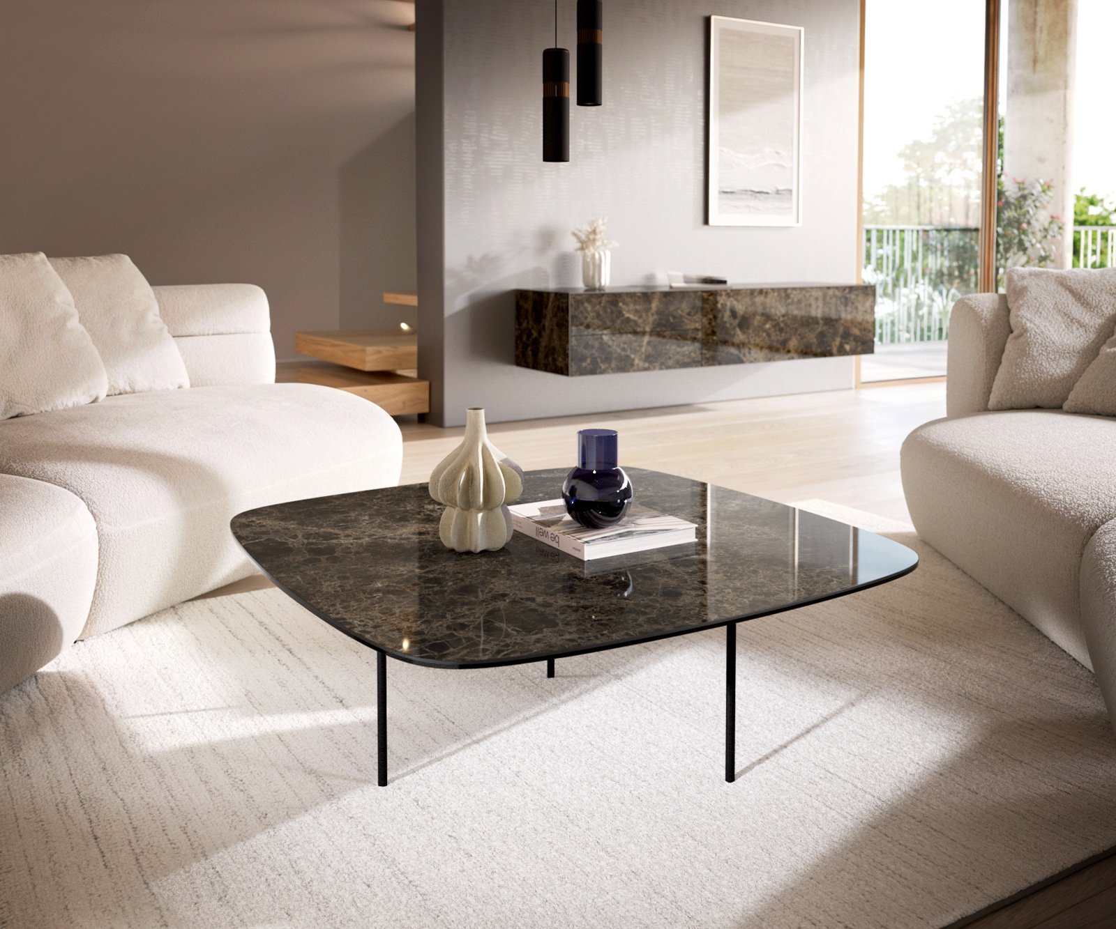 Konferenční stolek Edge Boot 90x90 cm keramika Laminam® Emperador Extra Lucidato tmavě hnědá Trive kov černá