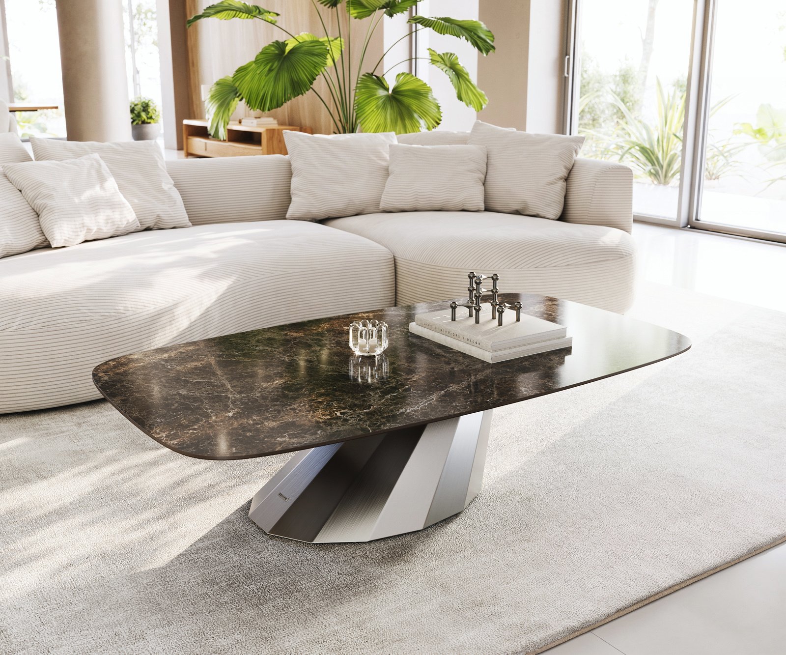 Konferenční stolek Edge Boot 140x80 cm keramika Laminam® Emperador Extra Lucidato tmavě hnědá Parabi nerezová ocel broušená