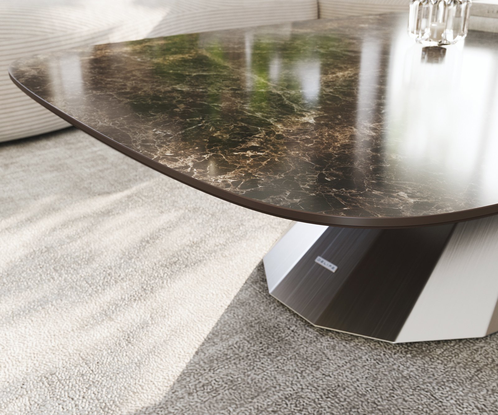 Konferenční stolek Edge Boot 140x80 cm keramika Laminam® Emperador Extra Lucidato tmavě hnědá Parabi nerezová ocel broušená - Obrázek 6