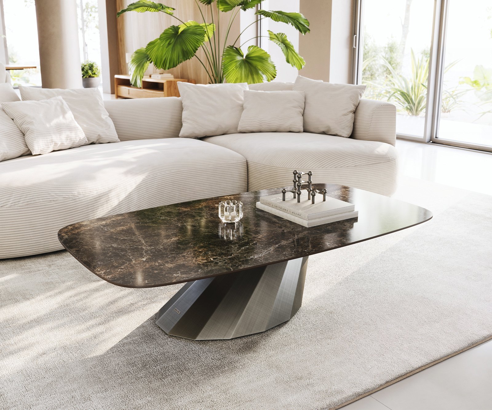 Konferenční stolek Edge Boot 140x80 cm keramika Laminam® Emperador Extra Lucidato tmavě hnědá Parabi Metallic stříbrná