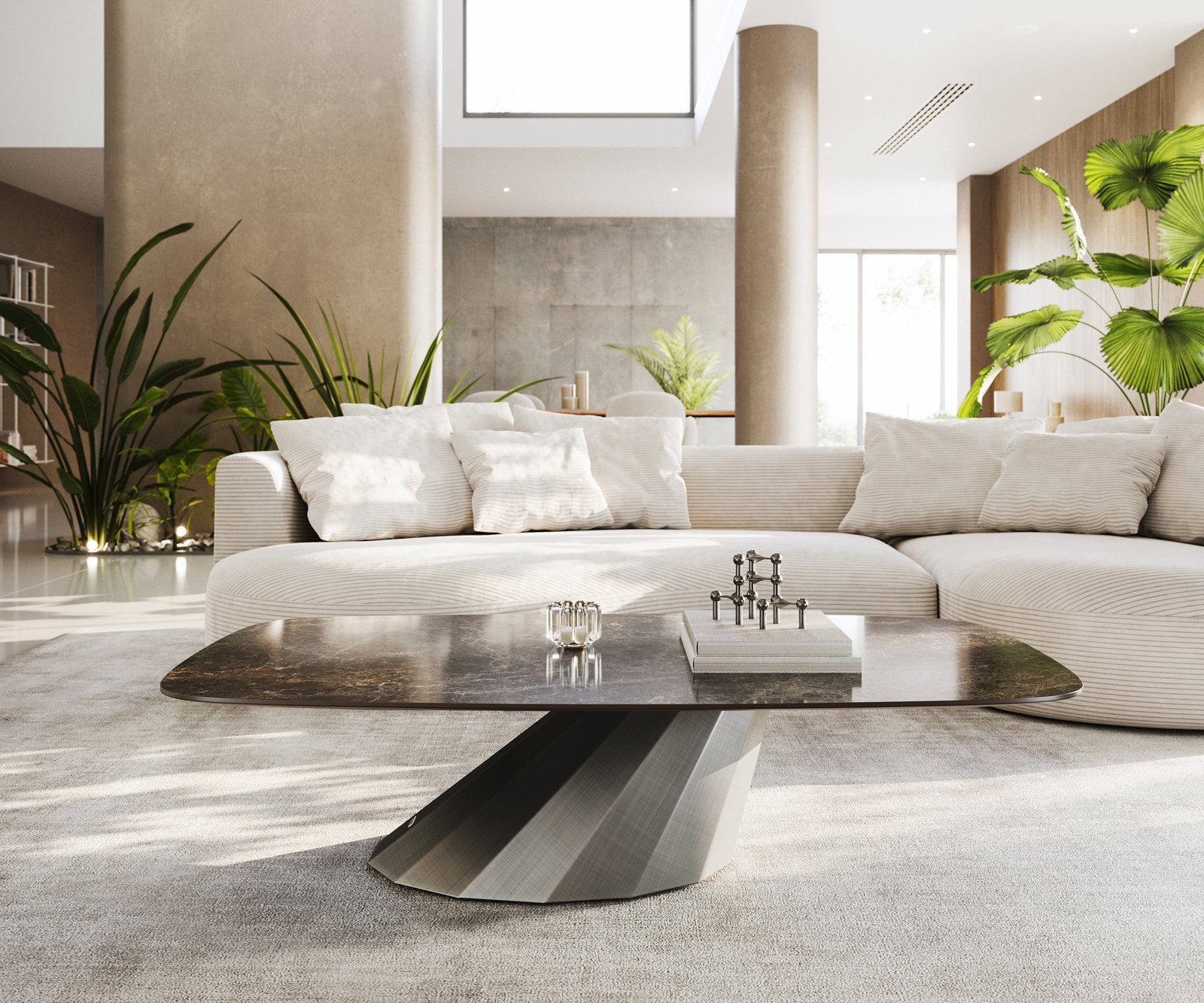 Konferenční stolek Edge Boot 140x80 cm keramika Laminam® Emperador Extra Lucidato tmavě hnědá Parabi Metallic stříbrná - Obrázek 2