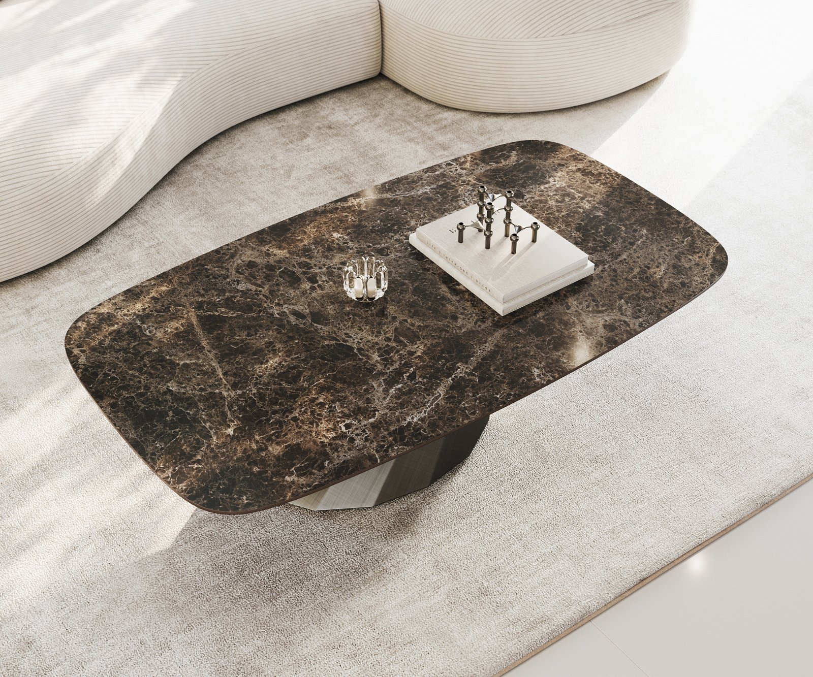 Konferenční stolek Edge Boot 140x80 cm keramika Laminam® Emperador Extra Lucidato tmavě hnědá Parabi Metallic stříbrná - Obrázek 4