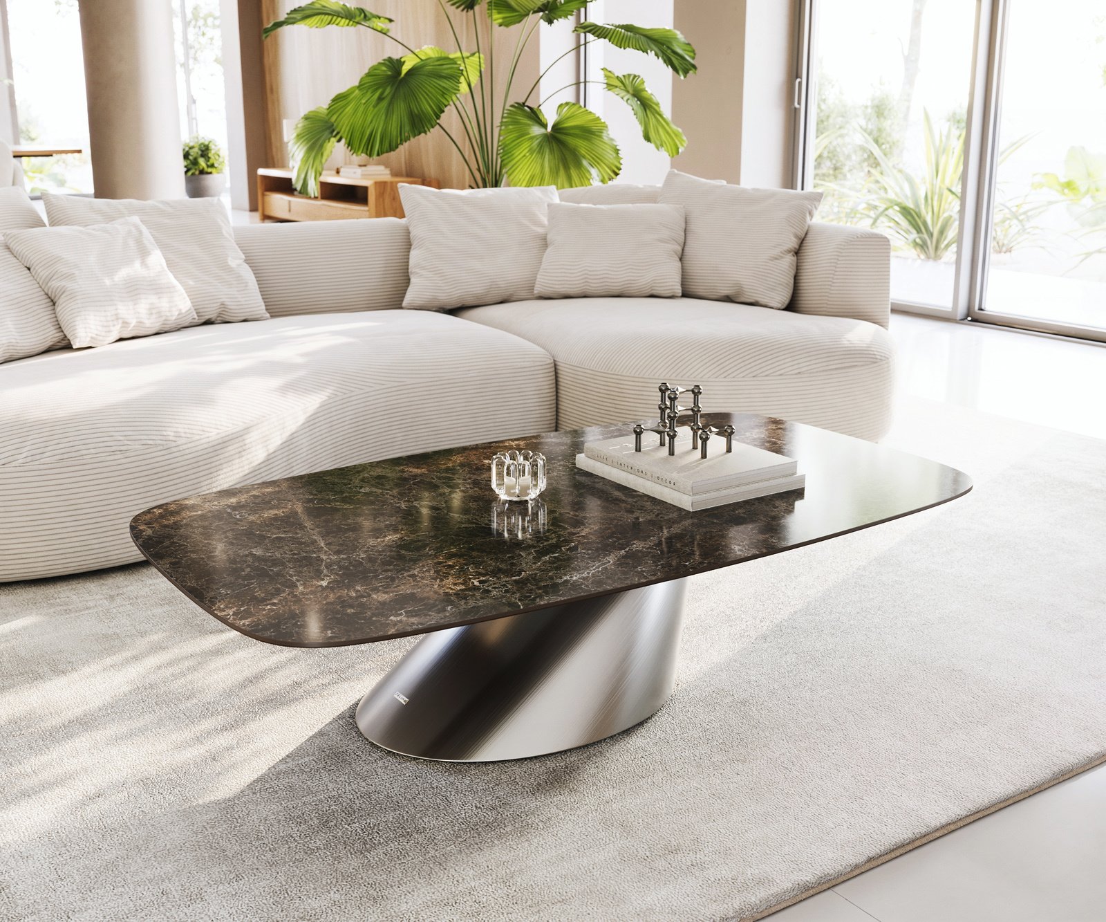 Konferenční stolek Edge oválný tvar 140x80 cm keramika Laminam® Emperador Extra Lucidato tmavě hnědá Conis nerezová ocel broušená