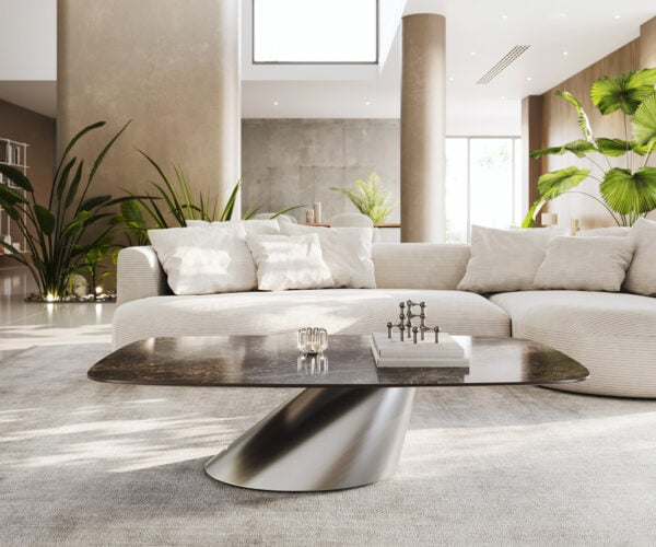 Konferenční stolek Edge oválný tvar 140x80 cm keramika Laminam® Emperador Extra Lucidato tmavě hnědá Conis nerezová ocel broušená - Obrázek 2