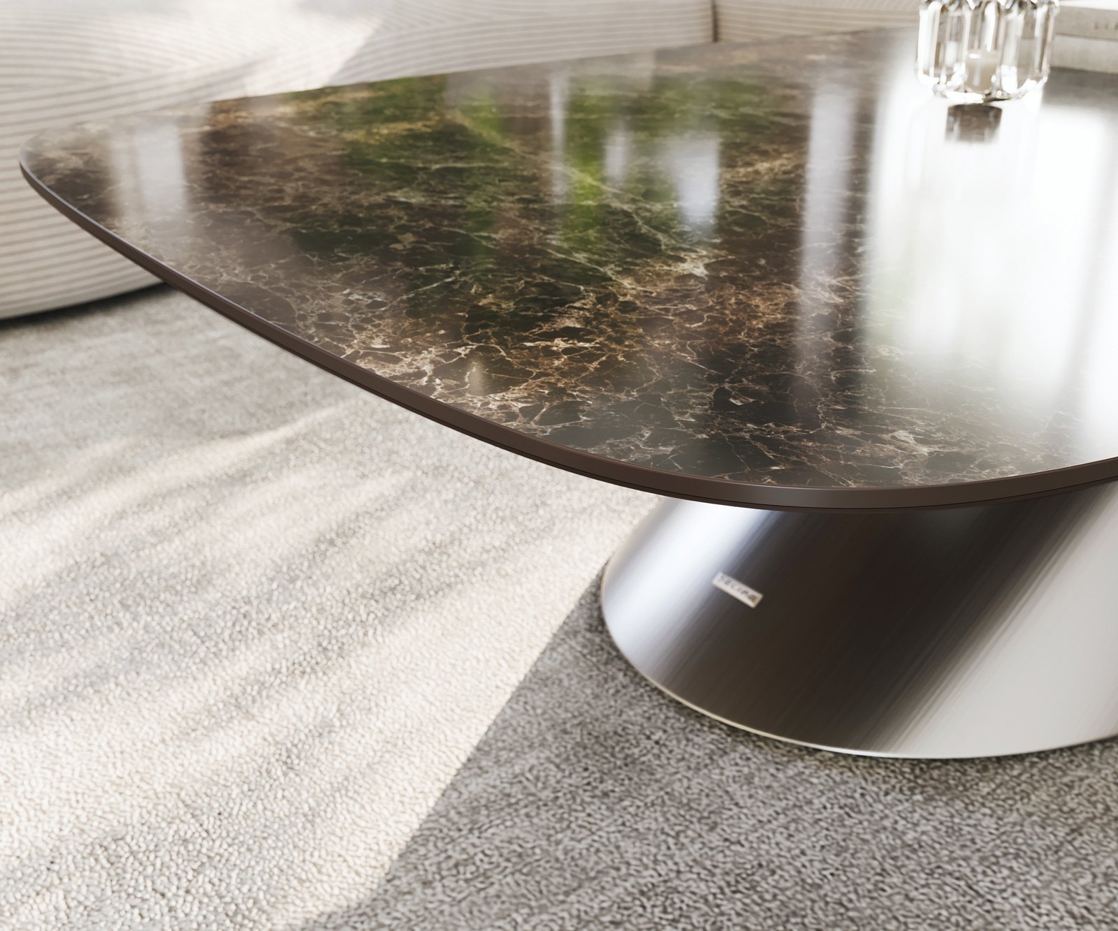 Konferenční stolek Edge oválný tvar 140x80 cm keramika Laminam® Emperador Extra Lucidato tmavě hnědá Conis nerezová ocel broušená - Obrázek 6