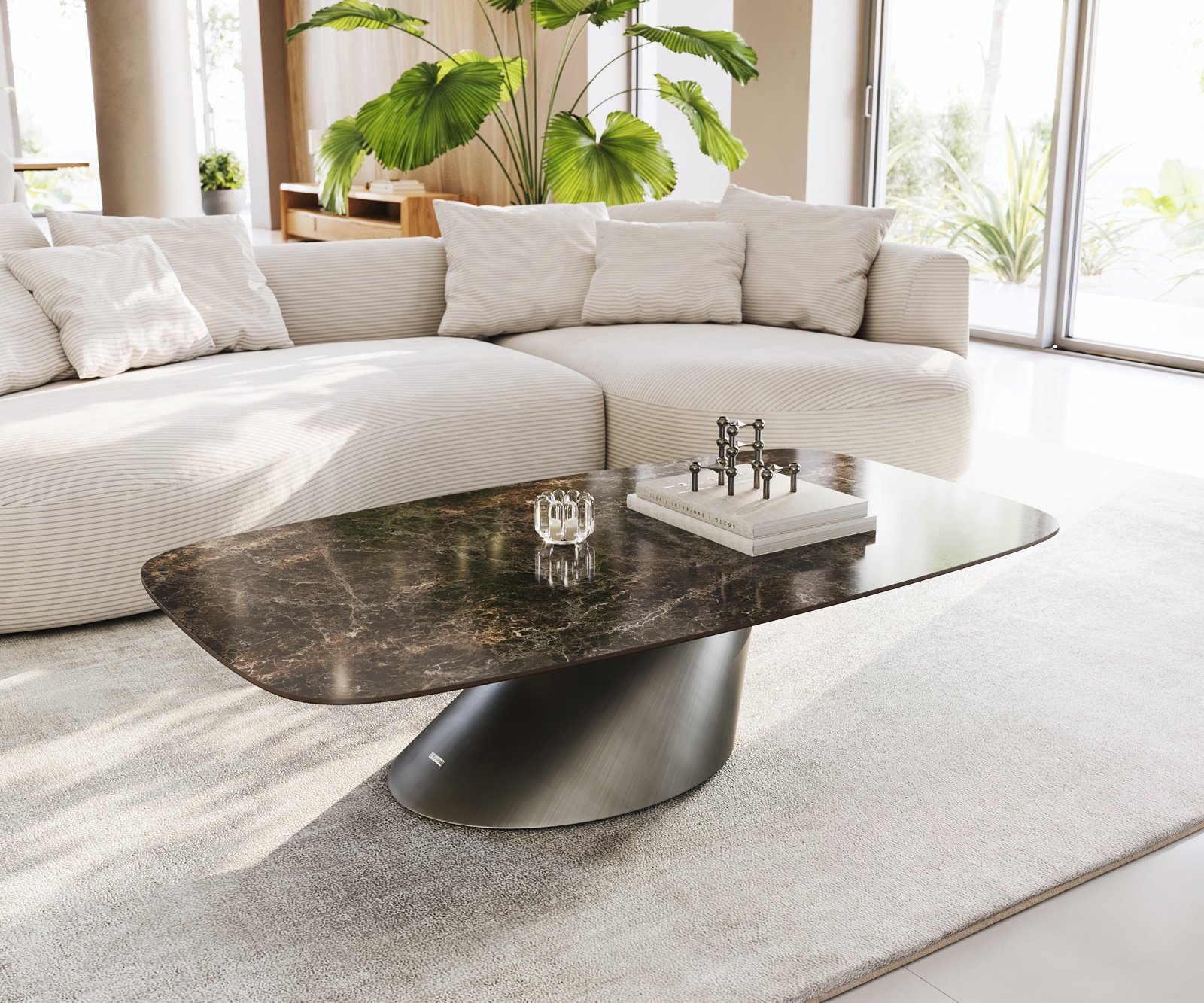 Konferenční stolek Edge Boot 140x80 cm keramika Laminam® Emperador Extra Lucidato tmavě hnědá Conis Metallic stříbrná