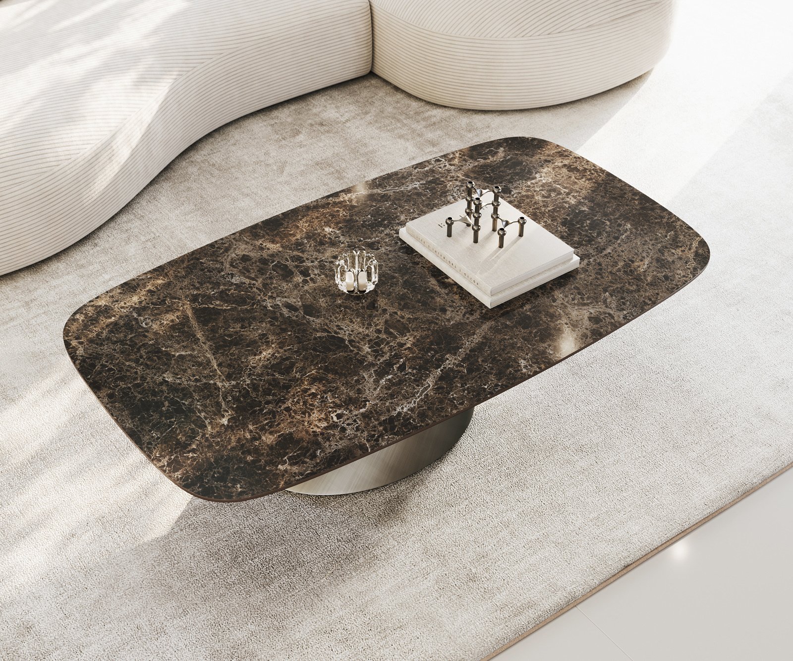 Konferenční stolek Edge Boot 140x80 cm keramika Laminam® Emperador Extra Lucidato tmavě hnědá Conis Metallic stříbrná - Obrázek 4