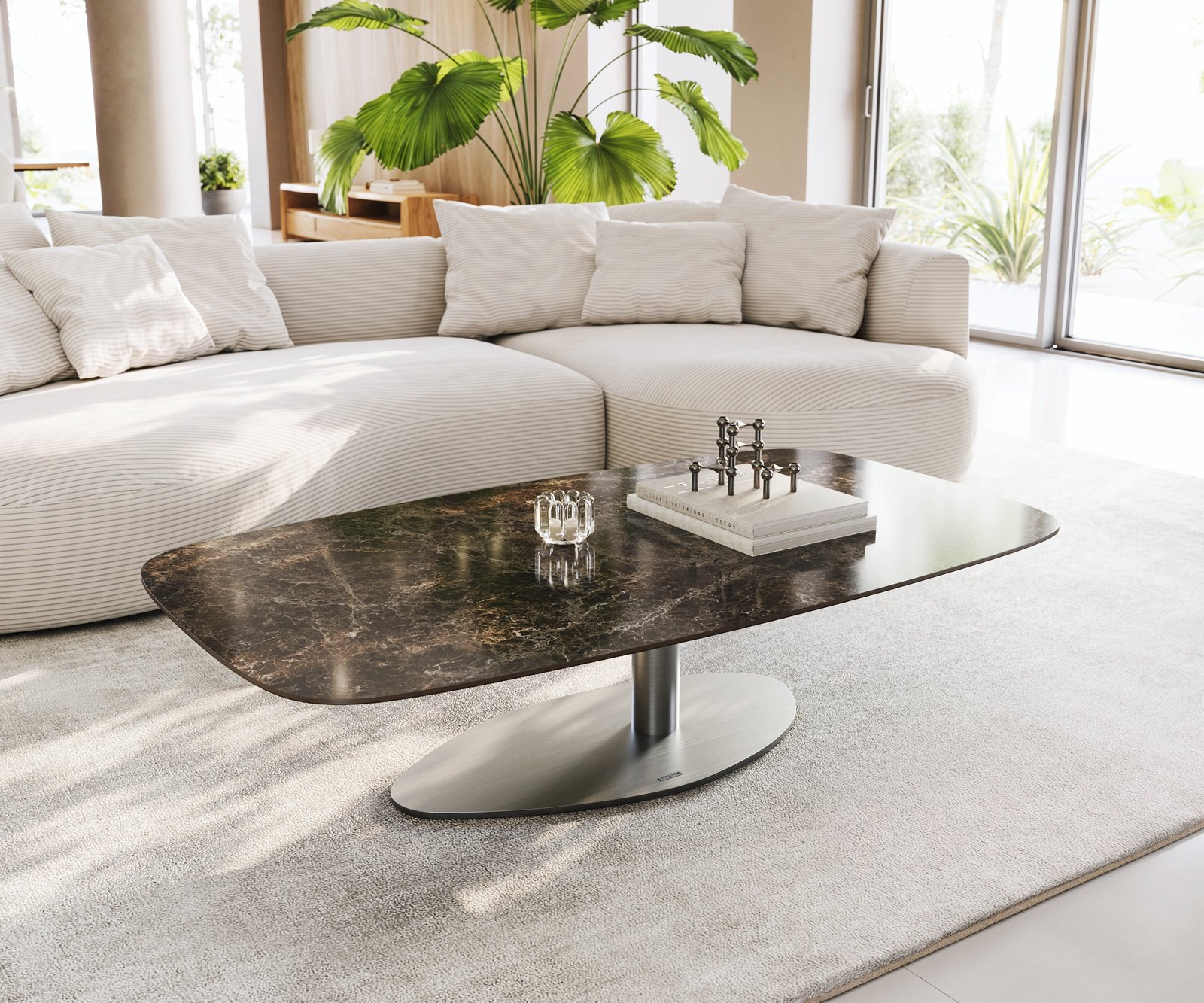 Konferenční stolek Edge oválný tvar 140x80 cm keramika Laminam® Emperador Extra Lucidato tmavě hnědá Vibany nerezová ocel broušená