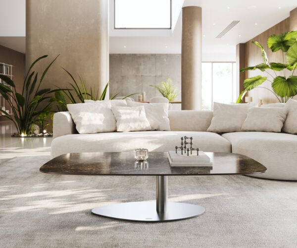 Konferenční stolek Edge oválný tvar 140x80 cm keramika Laminam® Emperador Extra Lucidato tmavě hnědá Vibany nerezová ocel broušená - Obrázek 2