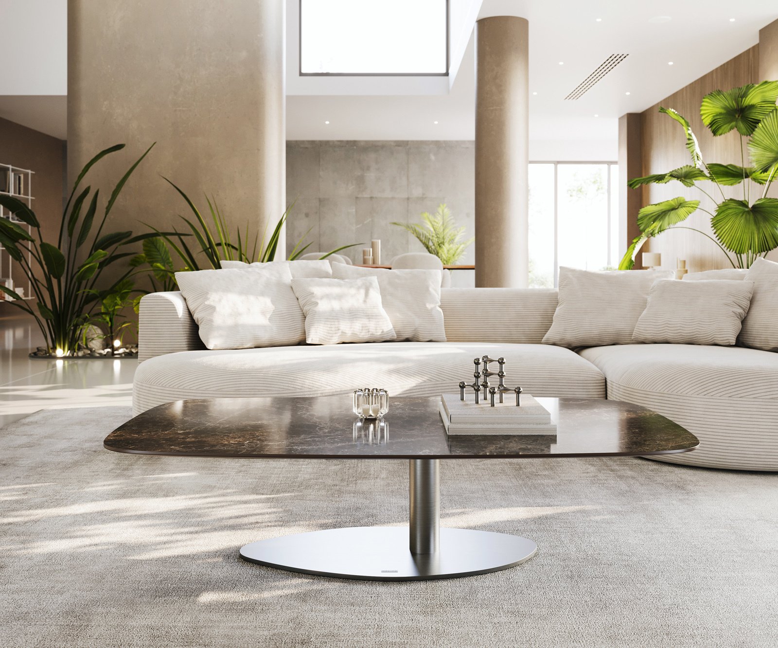 Konferenční stolek Edge oválný tvar 140x80 cm keramika Laminam® Emperador Extra Lucidato tmavě hnědá Vibany nerezová ocel broušená - Obrázek 2