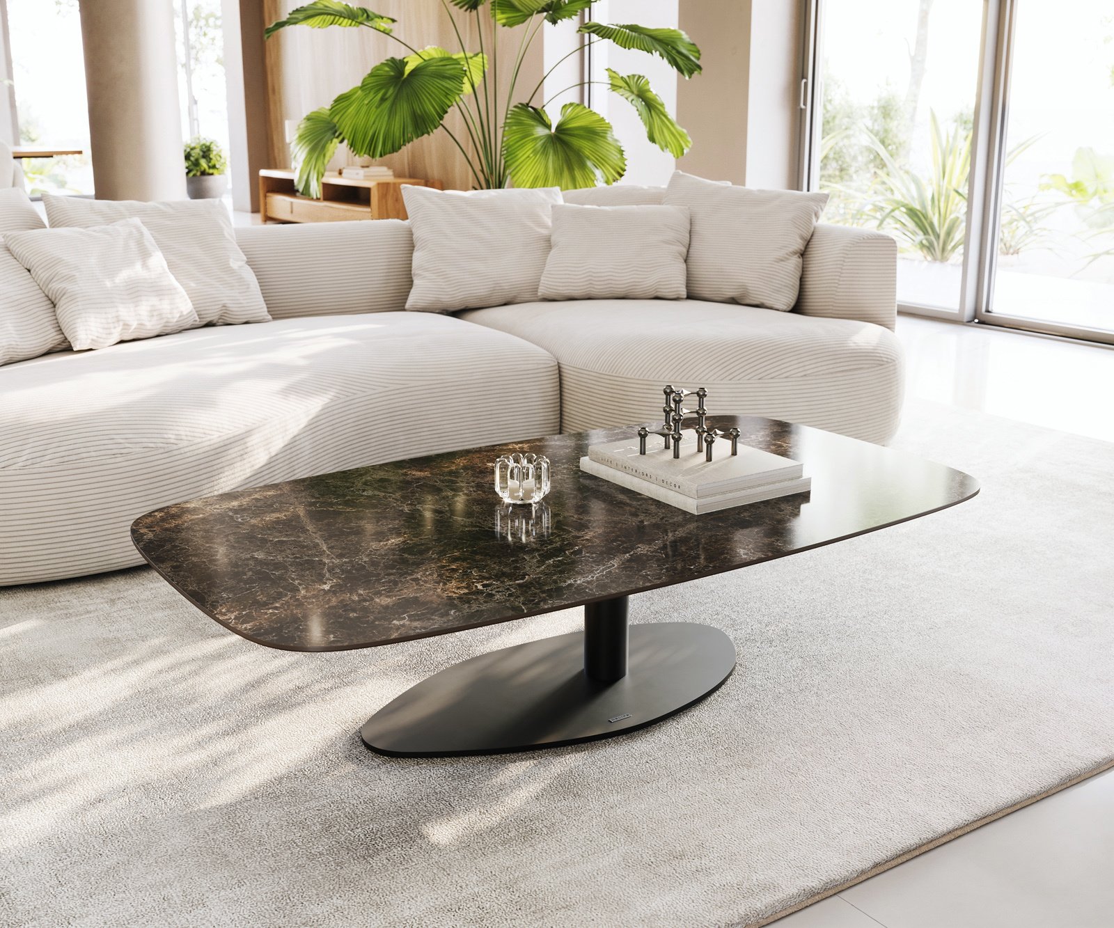 Konferenční stolek Edge Boot 140x80 cm keramika Laminam® Emperador Extra Lucidato tmavě hnědá Vibany kov černá