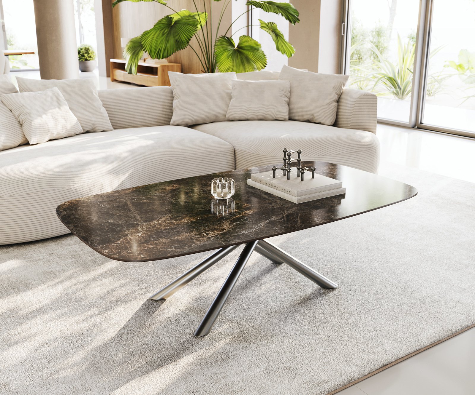 Konferenční stolek Edge Boot 140x80 cm keramika Laminam® Emperador Extra Lucidato tmavě hnědá Sarity nerezová ocel broušená
