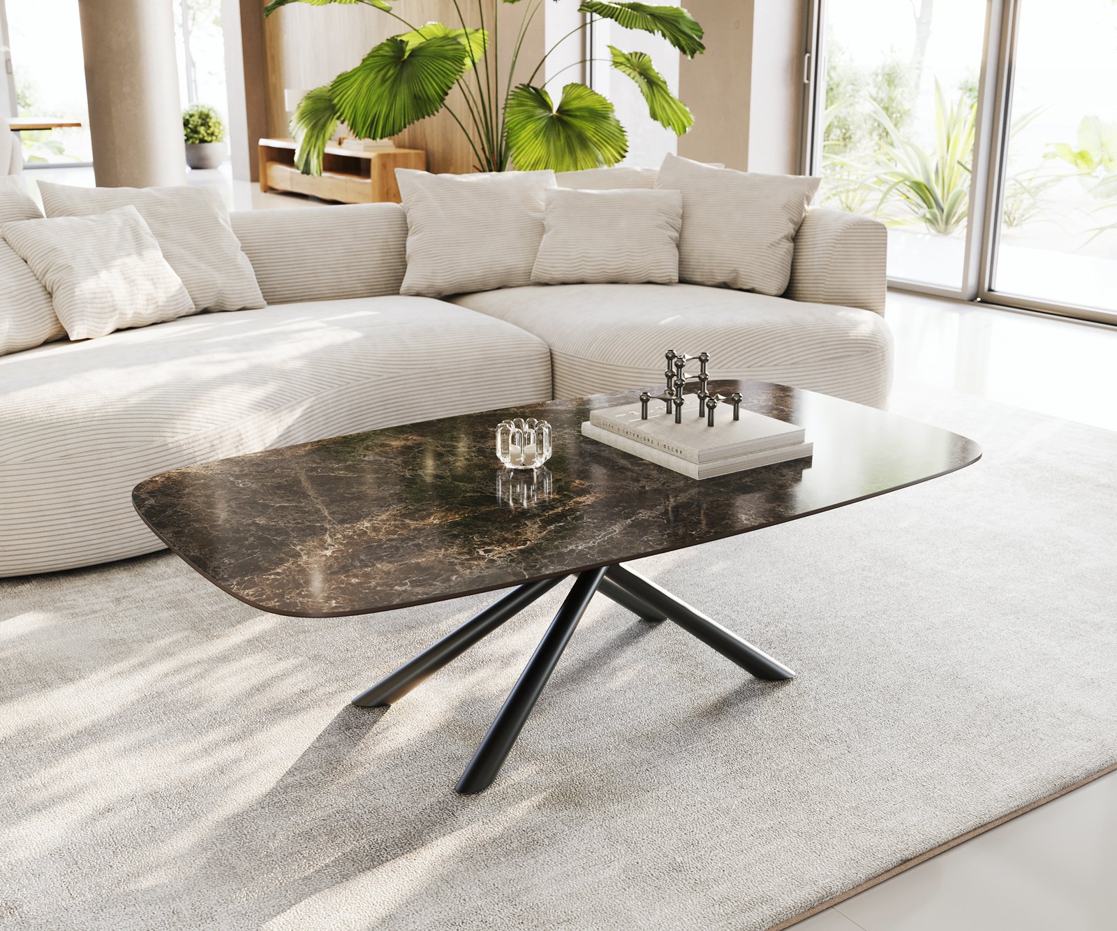 Konferenční stolek Edge Boot 140x80 cm keramika Laminam® Emperador Extra Lucidato tmavě hnědá Sarity kov černá