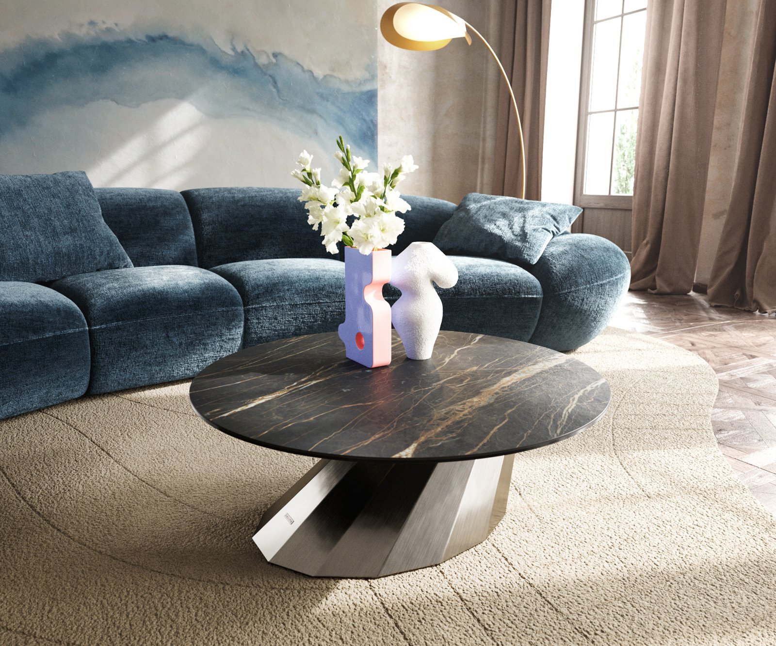 Konferenční stolek Edge kulatý 90x90 cm keramika Laminam® Noir Desir hnědá Parabi nerezová ocel broušená