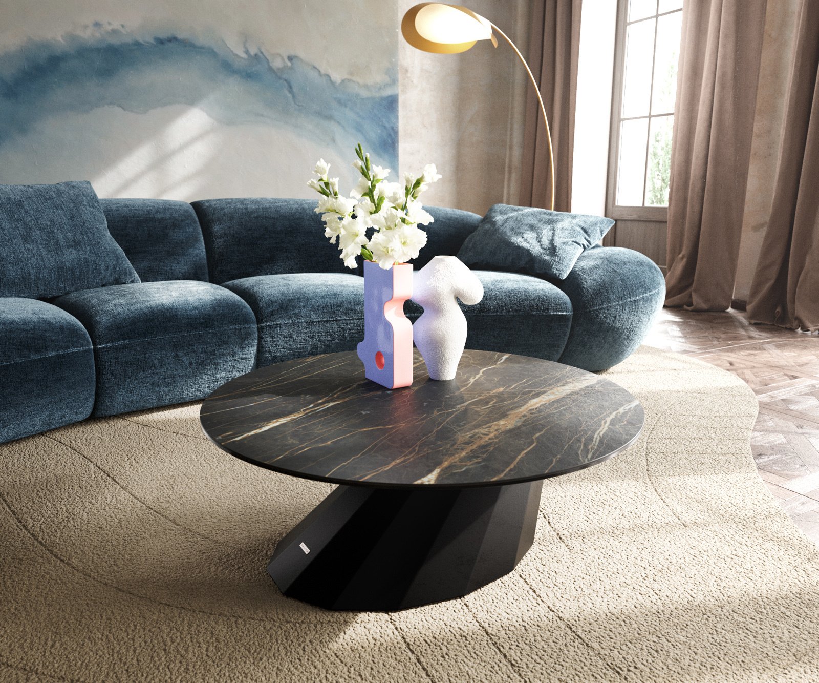 Konferenční stolek Edge kulatý 90x90 cm keramika Laminam® Noir Desir hnědá Parabi kov černá