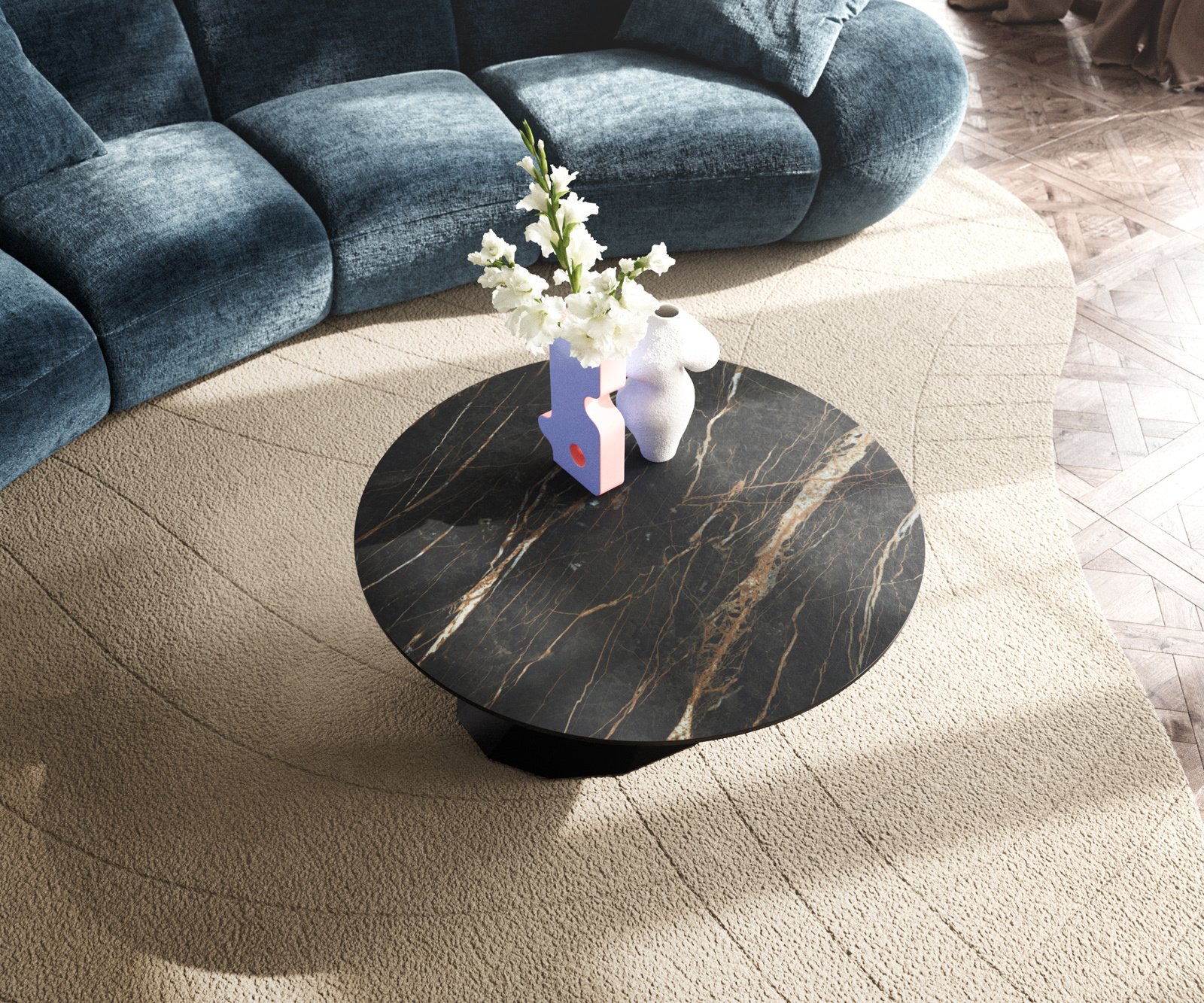 Konferenční stolek Edge kulatý 90x90 cm keramika Laminam® Noir Desir hnědá Parabi kov černá - Obrázek 4