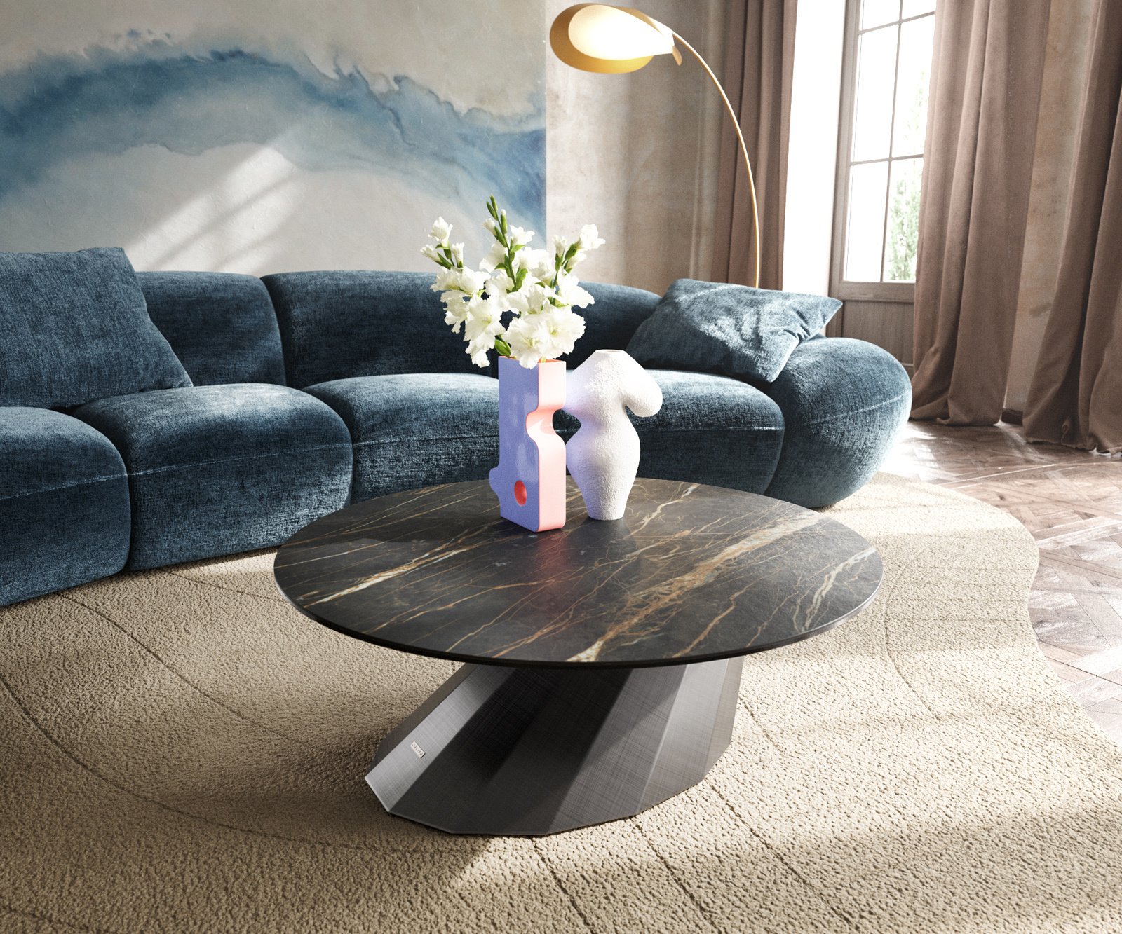Konferenční stolek Edge kulatý 90x90 cm keramika Laminam® Noir Desir hnědá Parabi metalická stříbrná