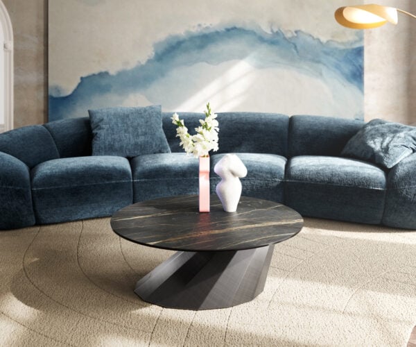 Konferenční stolek Edge kulatý 90x90 cm keramika Laminam® Noir Desir hnědá Parabi metalická stříbrná - Obrázek 2
