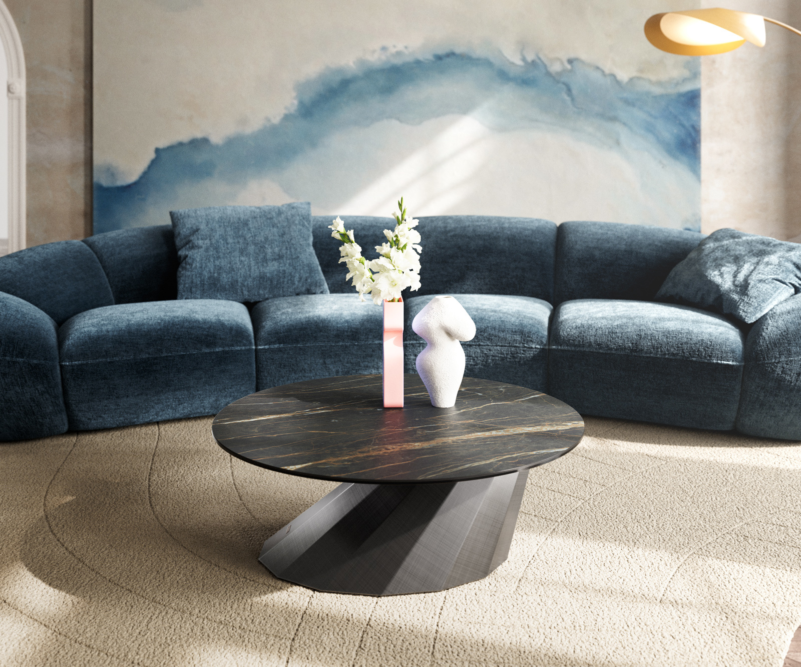 Konferenční stolek Edge kulatý 90x90 cm keramika Laminam® Noir Desir hnědá Parabi metalická stříbrná - Obrázek 2
