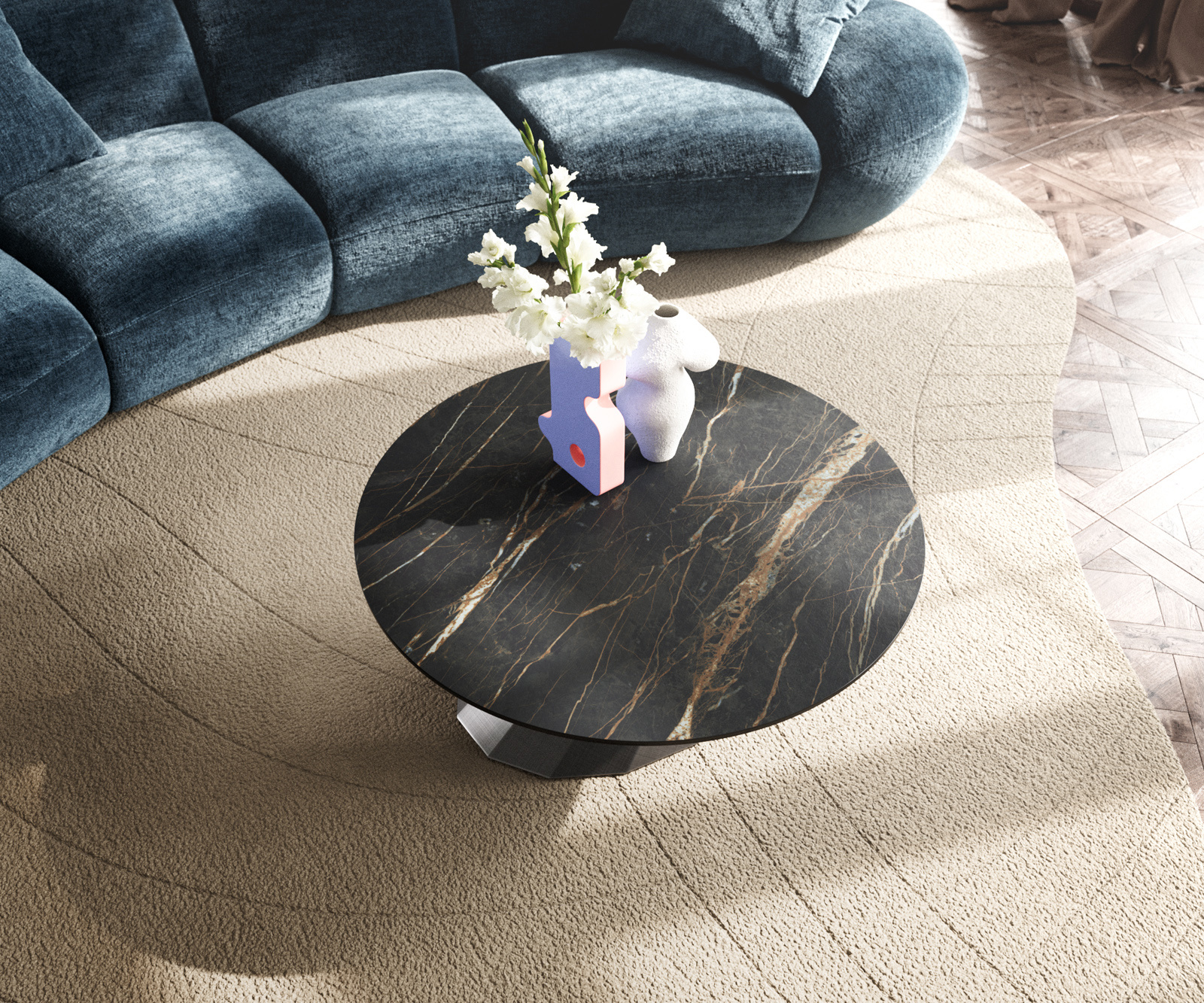 Konferenční stolek Edge kulatý 90x90 cm keramika Laminam® Noir Desir hnědá Parabi metalická stříbrná - Obrázek 4