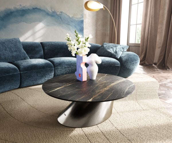 Konferenční stolek Edge kulatý 90x90 cm keramika Laminam® Noir Desir hnědá Conis nerezová ocel broušená