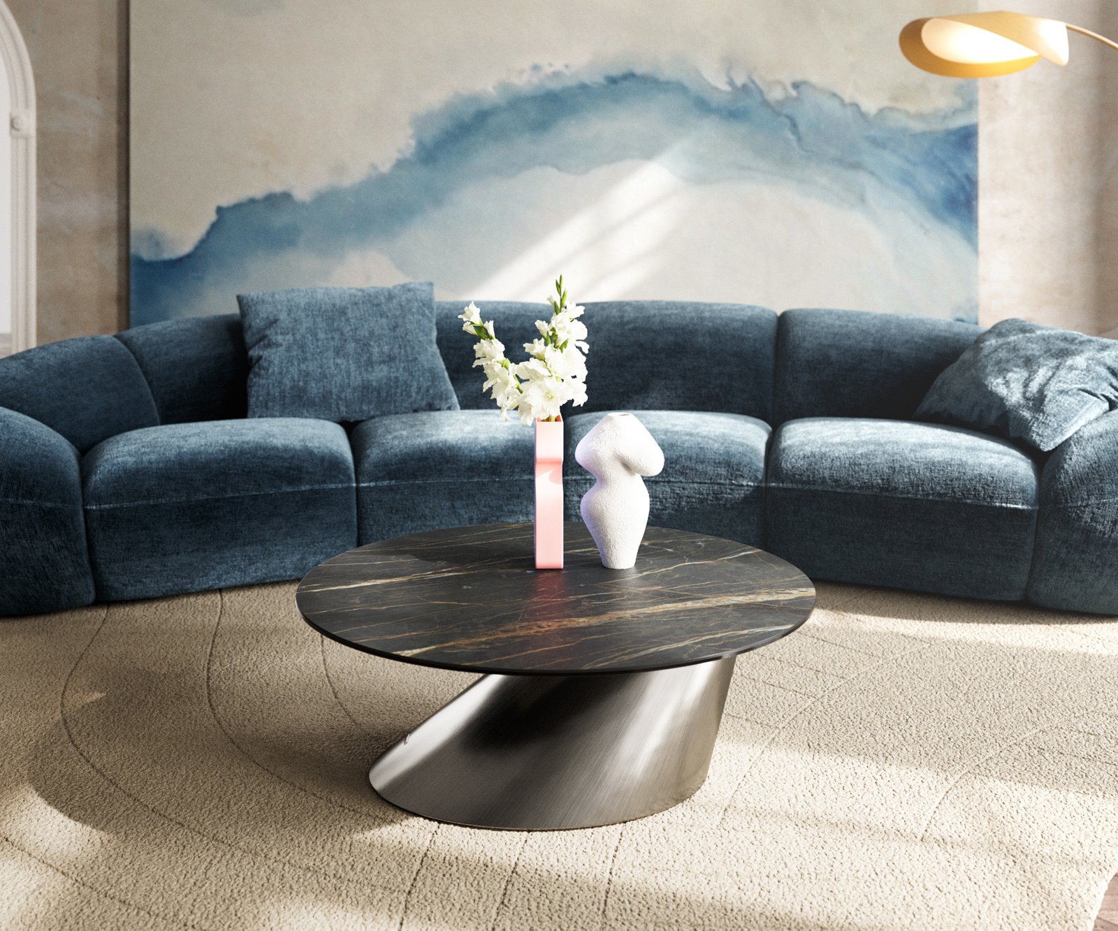 Konferenční stolek Edge kulatý 90x90 cm keramika Laminam® Noir Desir hnědá Conis nerezová ocel broušená - Obrázek 2