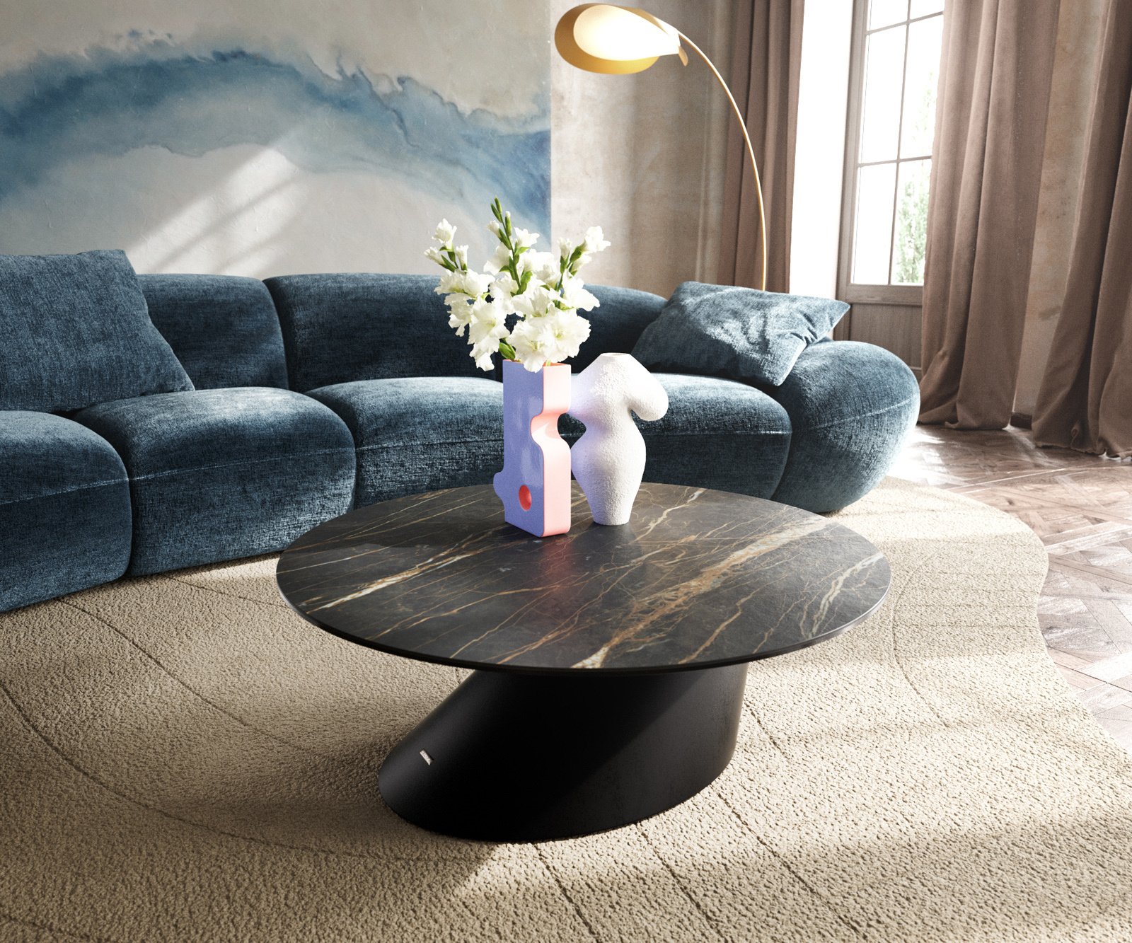 Konferenční stolek Edge kulatý 90x90 cm keramika Laminam® Noir Desir hnědá Conis kov černá
