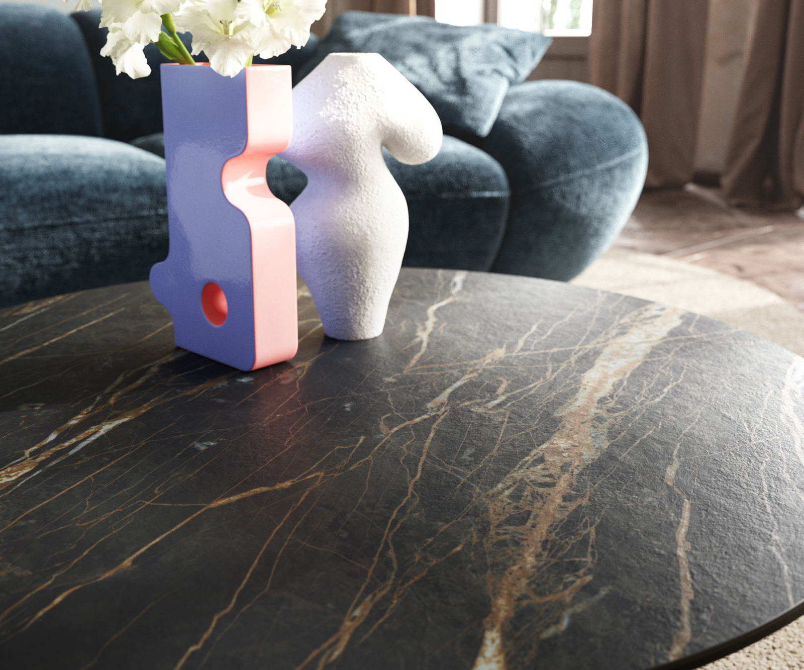 Konferenční stolek Edge kulatý 90x90 cm keramika Laminam® Noir Desir hnědá Conis Metallic stříbrná - Obrázek 7