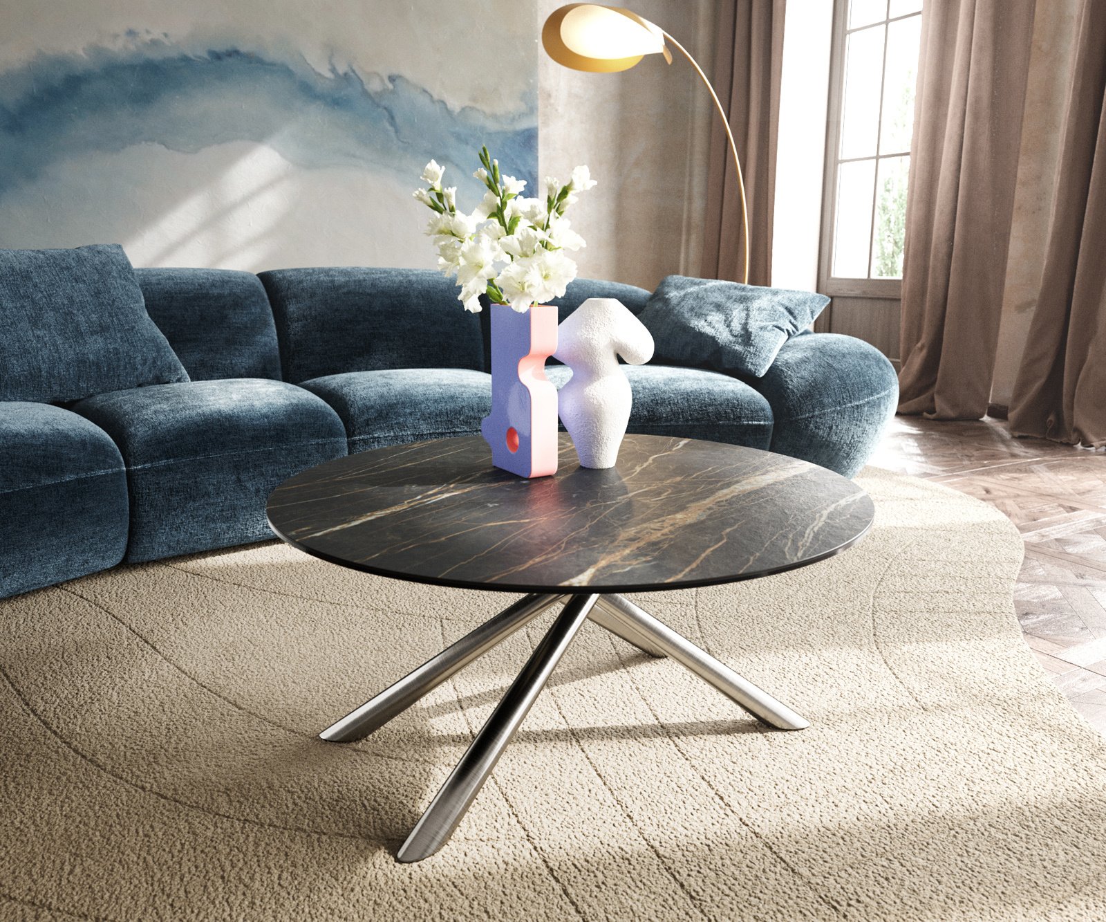 Konferenční stolek Edge kulatý 90x90 cm keramika Laminam® Noir Desir hnědá Sarity nerezová ocel broušená
