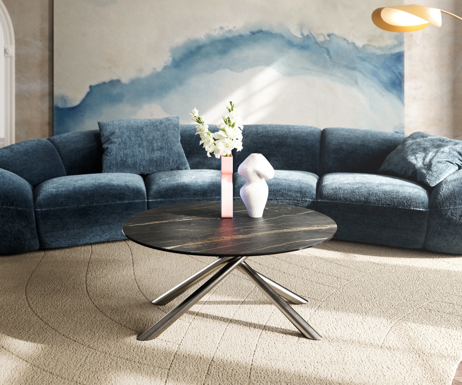 Konferenční stolek Edge kulatý 90x90 cm keramika Laminam® Noir Desir hnědá Sarity nerezová ocel broušená - Obrázek 2