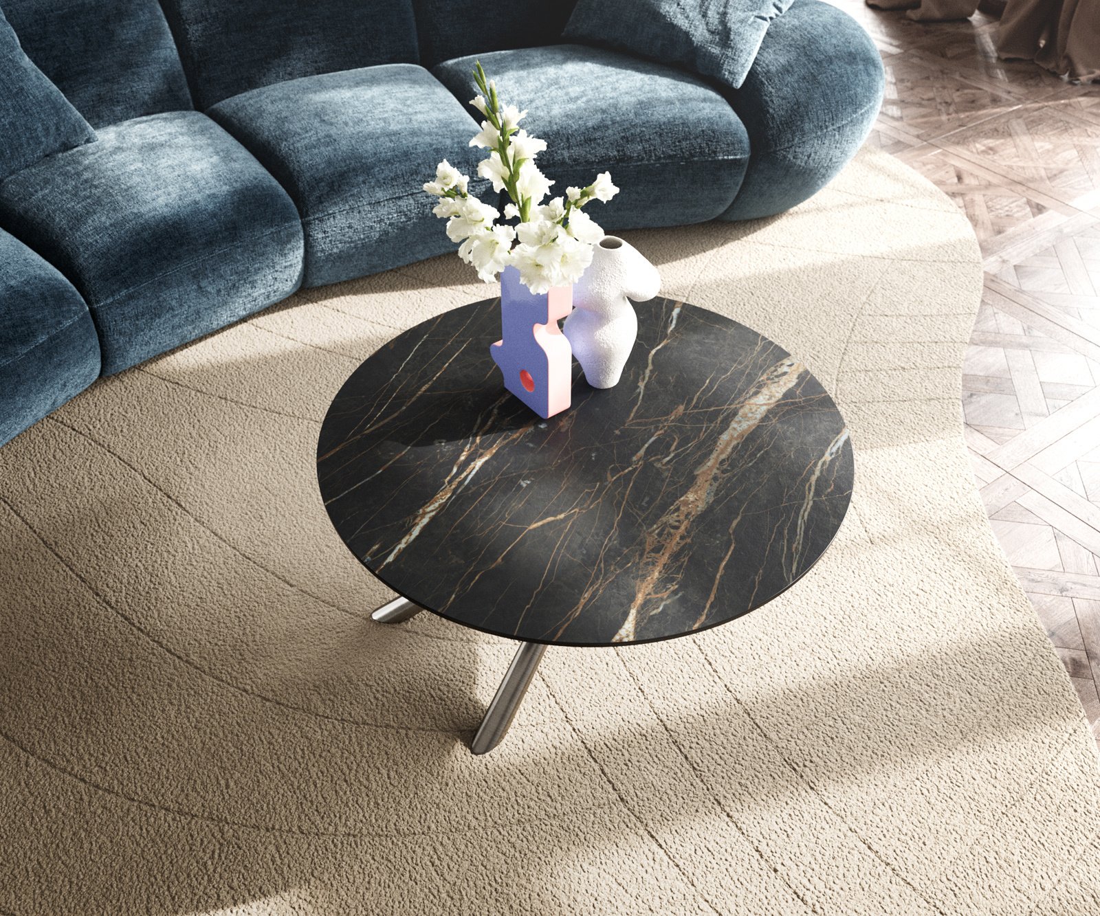 Konferenční stolek Edge kulatý 90x90 cm keramika Laminam® Noir Desir hnědá Sarity nerezová ocel broušená - Obrázek 4