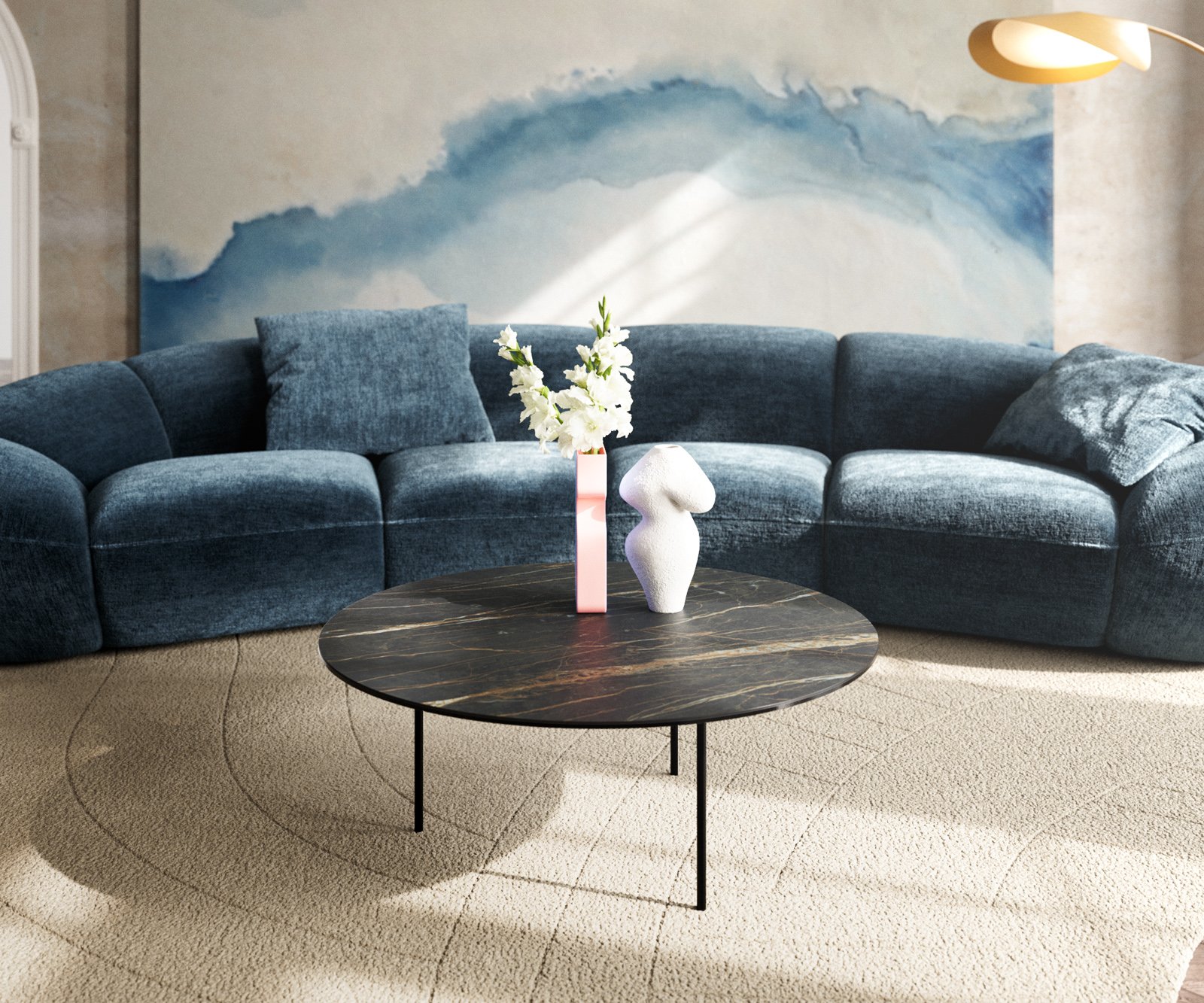 Konferenční stolek Edge kulatý 90x90 cm keramika Laminam® Noir Desir hnědá Trive kov černá - Obrázek 2