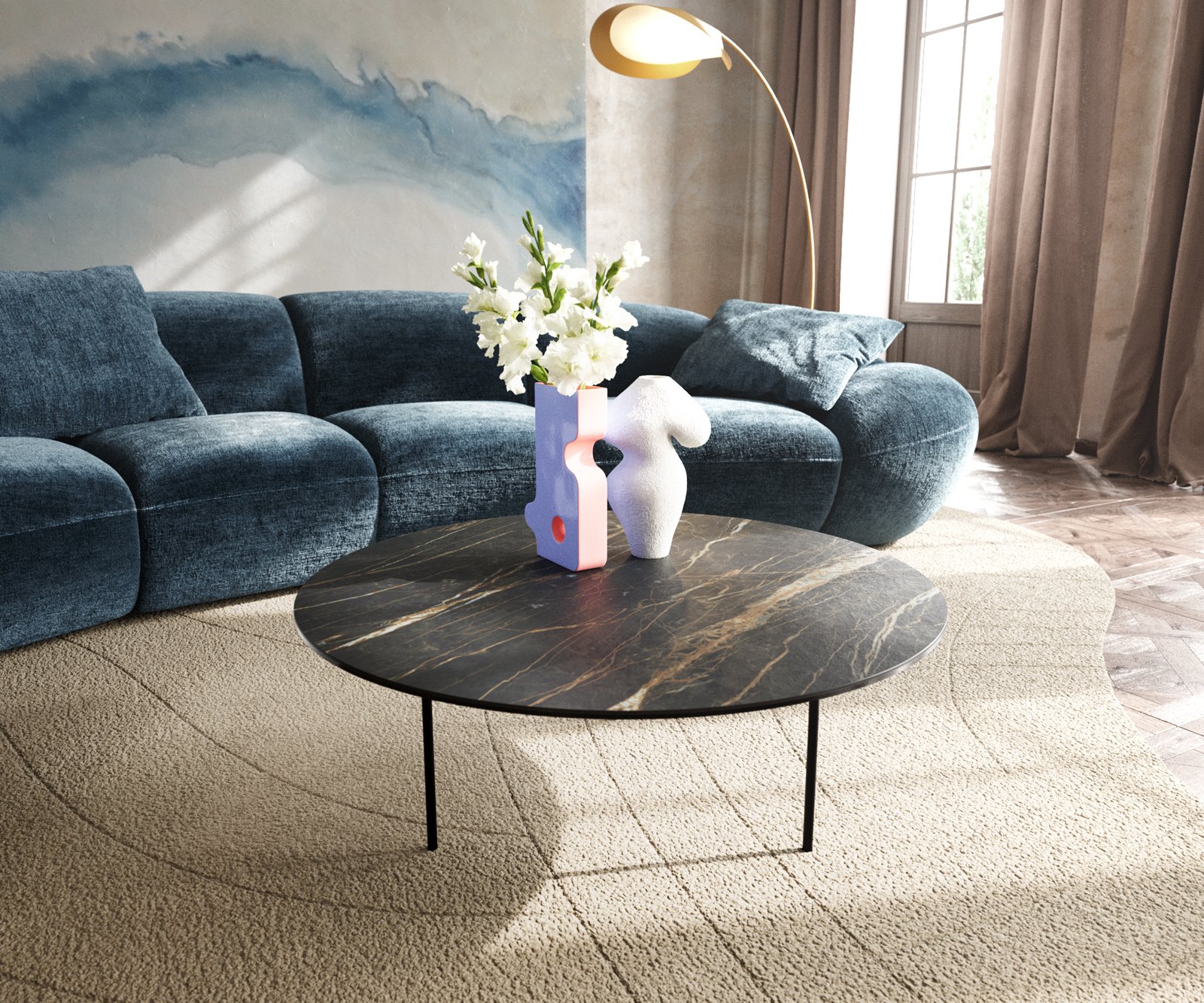 Konferenční stolek Edge kulatý 90x90 cm keramika Laminam® Noir Desir hnědá Trive kov černá