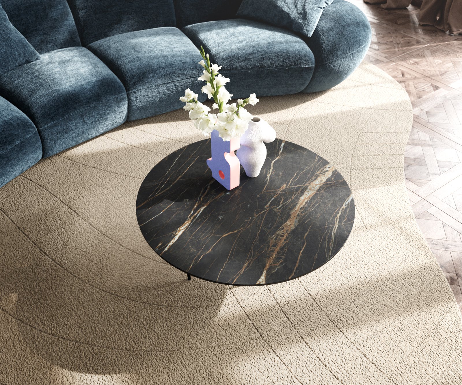 Konferenční stolek Edge kulatý 90x90 cm keramika Laminam® Noir Desir hnědá Trive kov černá - Obrázek 4